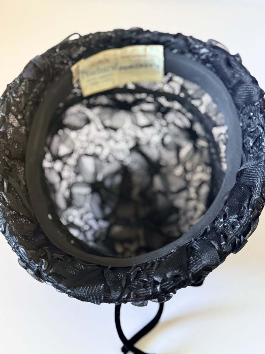 Vintage 1950s Pinehurst Black Floral Lace Cocktail Hat Velvet Bow High Crown Women's Formal Evening Millinery