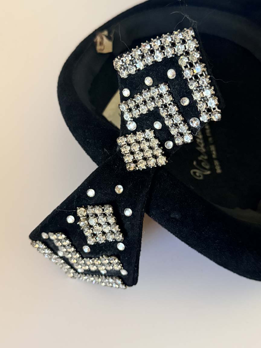 Vintage 1950s Wilshire Black Felt Tilt Hat Rhinestone Bow Women's Cocktail Hat Mid Century Designer Millinery