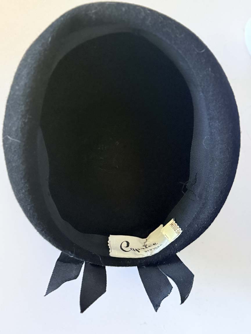 Vintage 1960s Caprice New York Black Wool Felt Bubble Hat Grosgrain Ribbon Rhinestone Accent Women's Mod Ha