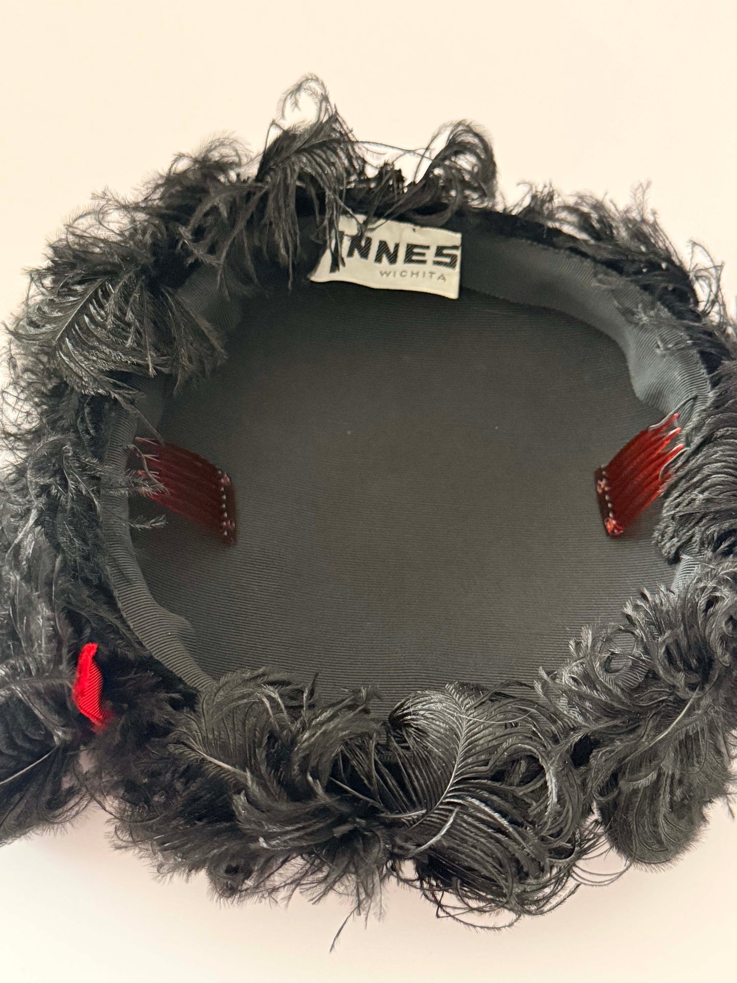 Vintage 1940s Innes Wichita Black Feather Trim Boater Hat – Sculptural Plume Boater with Red Velvet Accent Old Hollywood Millinery