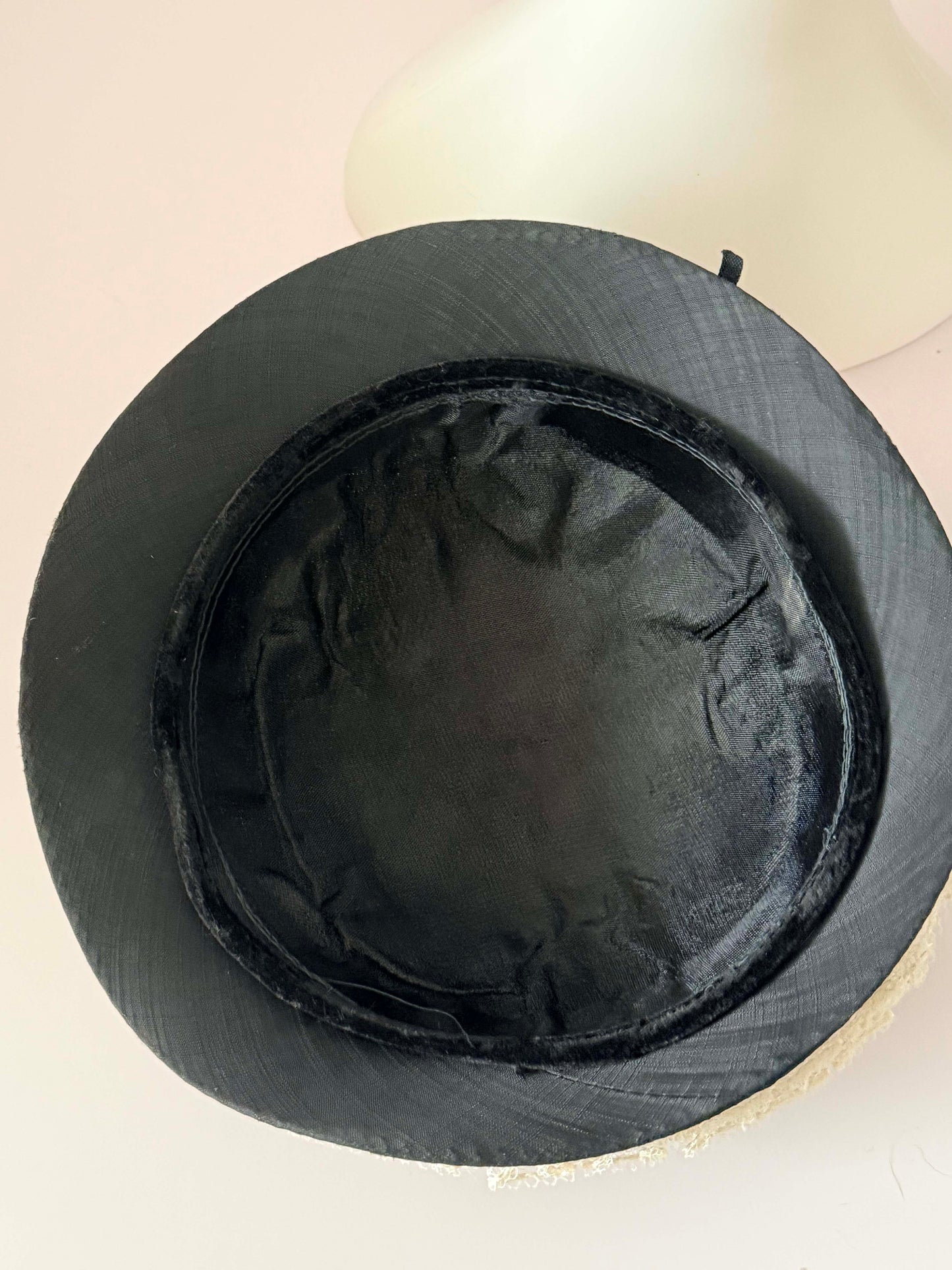 Vintage 1950s Black Silk Hat – White Lace Trim Tilt Hat with Velvet Bow Feminine Mid Century Summer Millinery