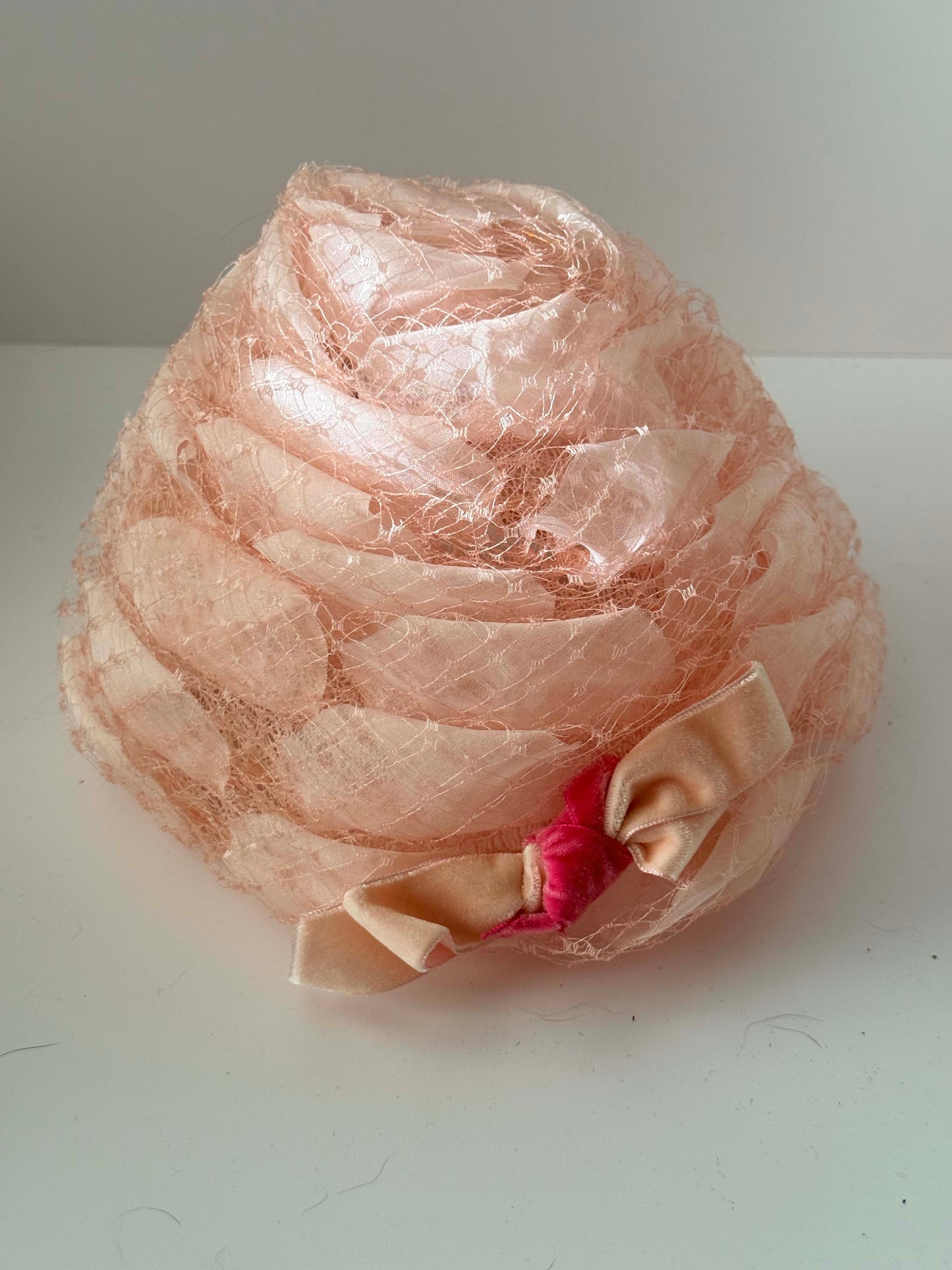 1950s–1960s Marche Exclusive Pink Satin Veiled Cocktail Hat – Draped Silk Netting – Vintage Bridal / Occasion Hat
