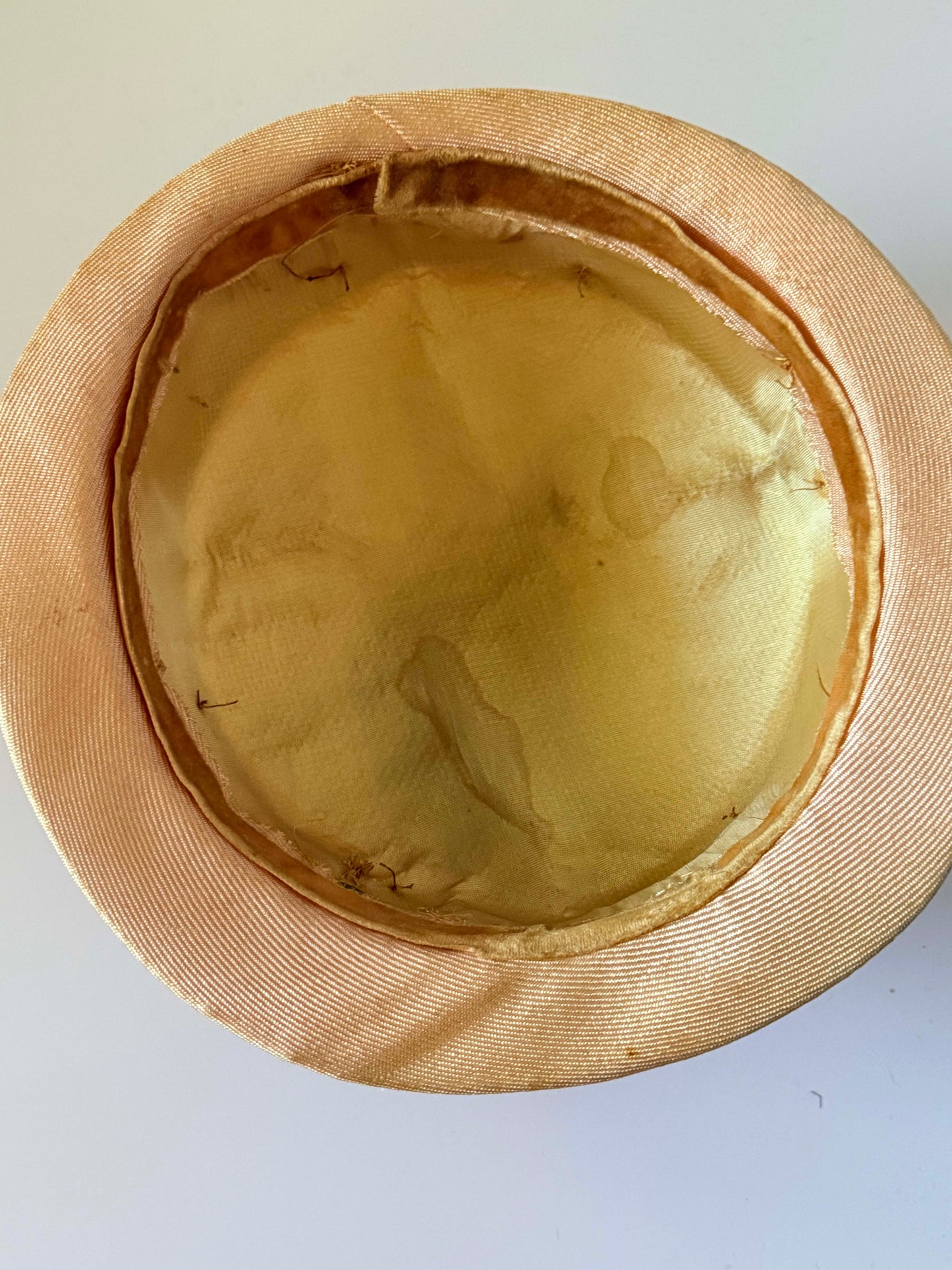 Vintage 1960s Champagne Gold Satin Breton Hat Black Grosgrain Trim Button Women's Mod Mid Century Hat
