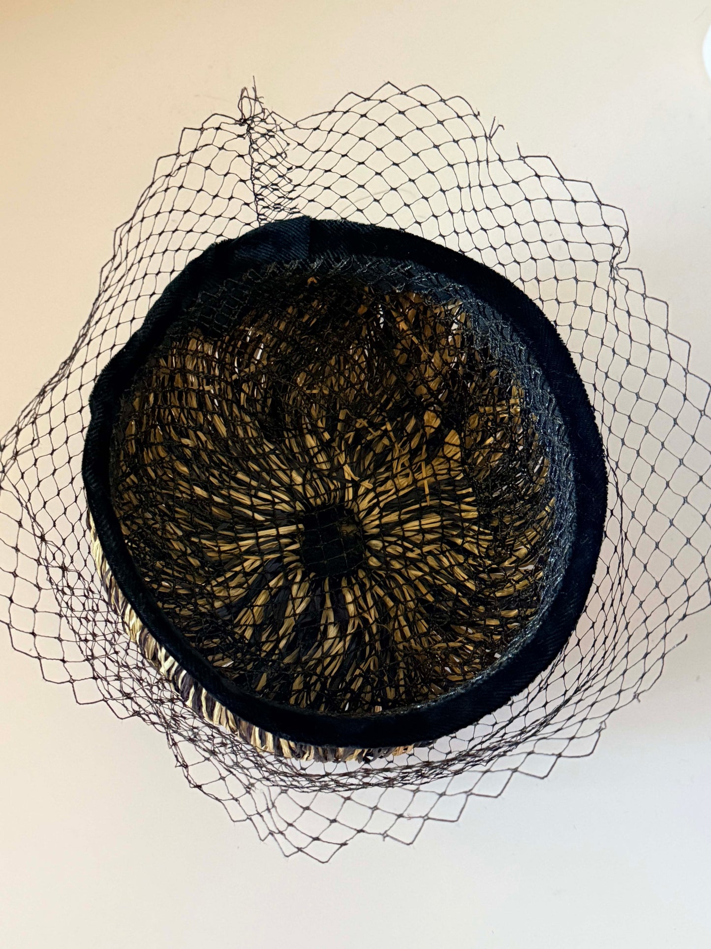 Vintage 1950s Gold Brown Straw Pillbox Hat Black Velvet Birdcage Veil Women's Mid Century Cocktail Hat