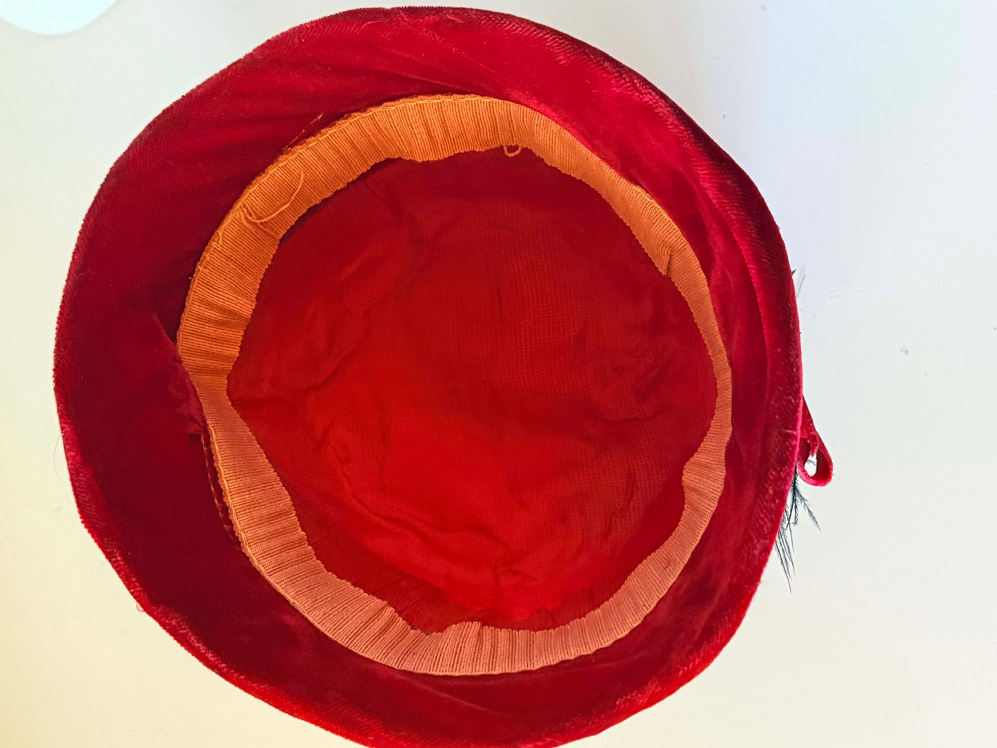 Vintage 1940s Red Velvet Tilt Hat Navy Blue Feather Plume Bow Women's WWII Era Millinery