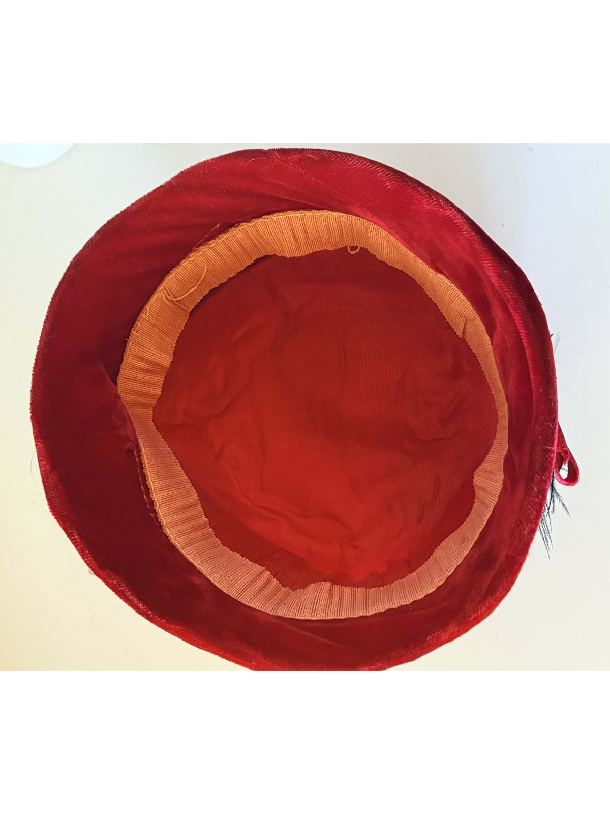 Vintage 1940s Red Velvet Tilt Hat Navy Blue Feather Plume Bow Women's WWII Era Millinery