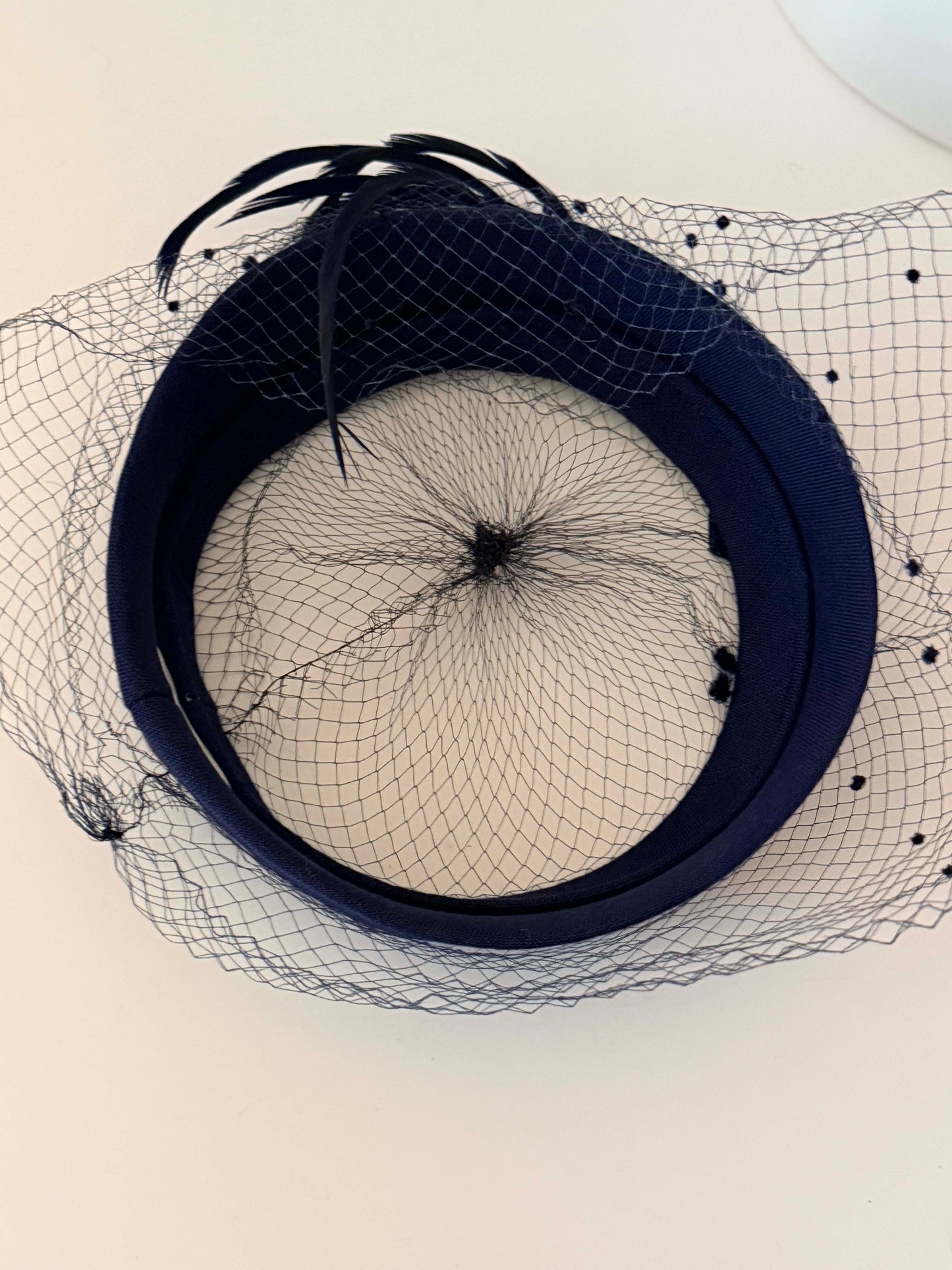 1950s Dark Navy Veiled Cocktail Hat – Feather Accent Fascinator