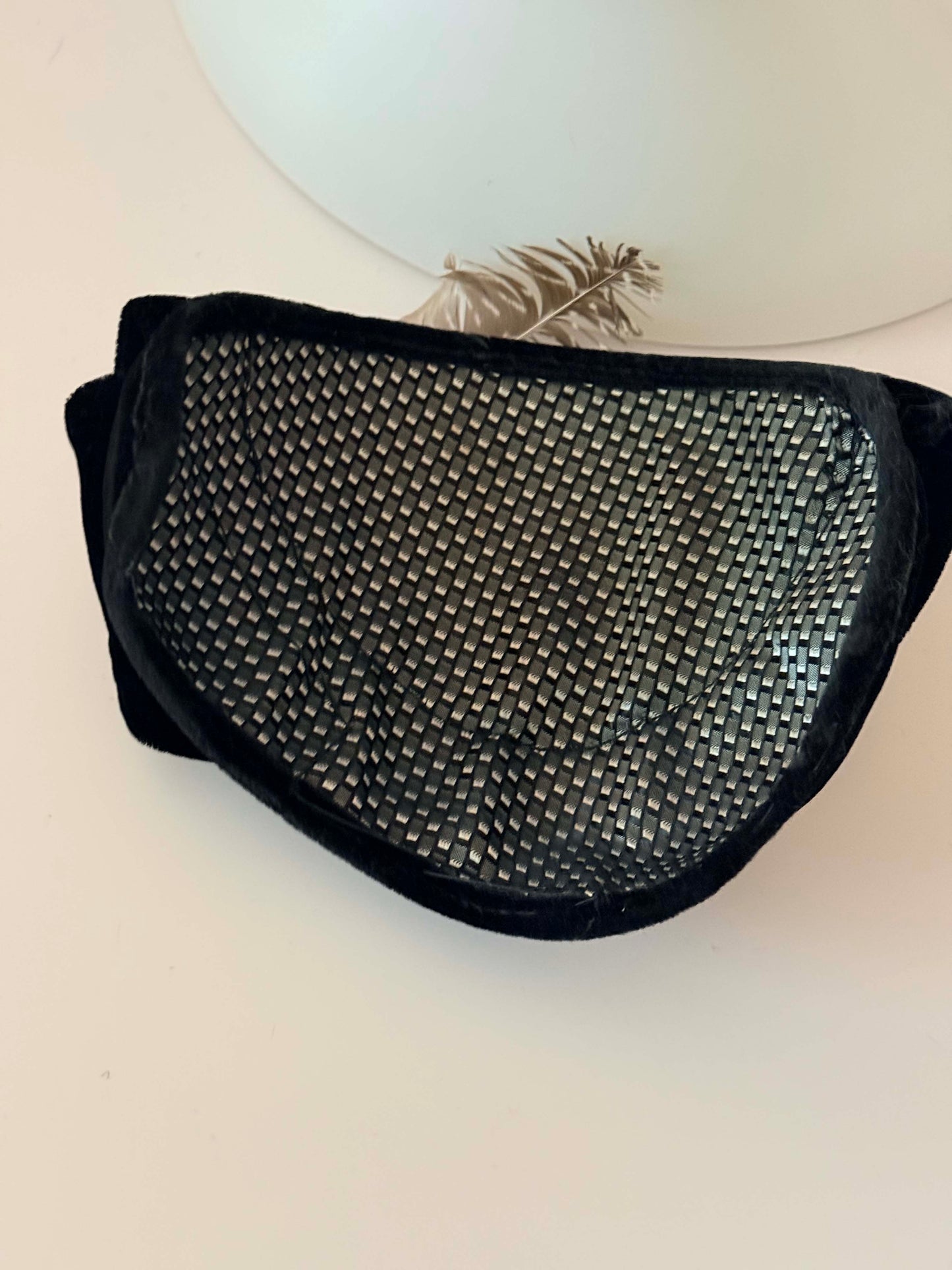 1940s–1950s Black Velvet Cocktail Hat – Feather & Rhinestone Floral Accent Mid Century Draped Tilt Hat