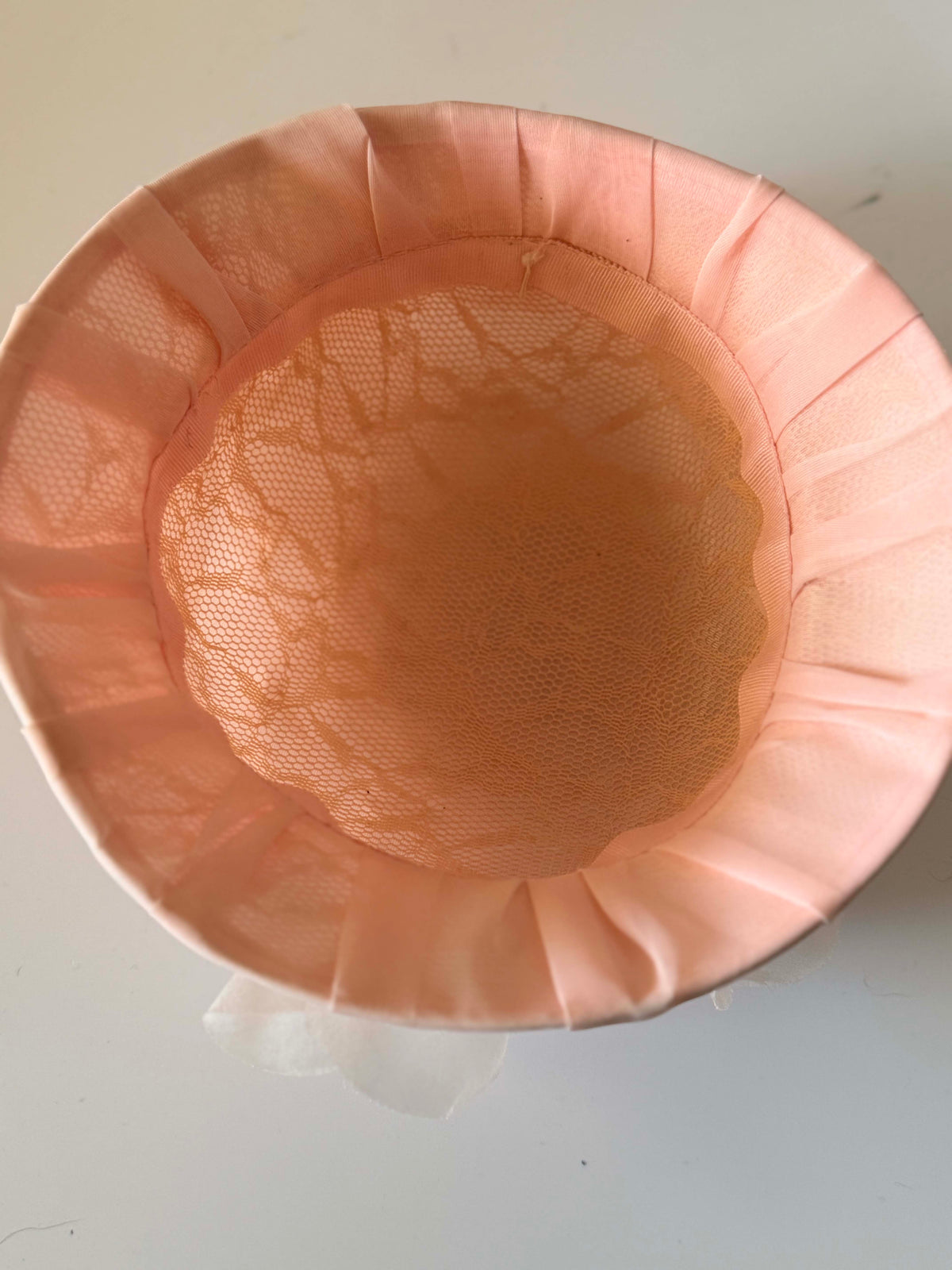 Vintage 1960s Blush Pink Pleated Cocktail Hat Sheer Organza Floral Ruffle Trim Women's Mid Century Millinery Bridal Hat