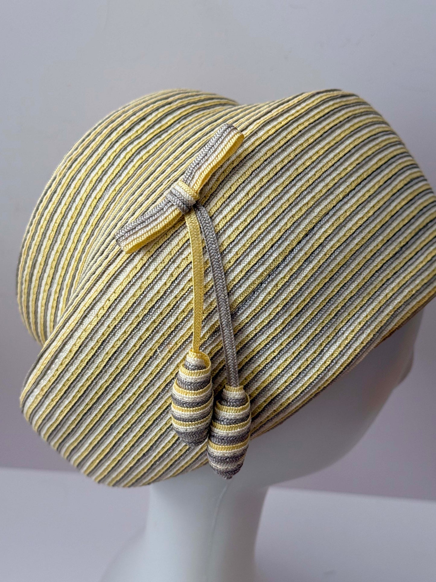 Vintage 1950s Jack McConnell Fair Hat – Yellow Gray Striped Straw Tilt Hat Mid Century Couture Millinery