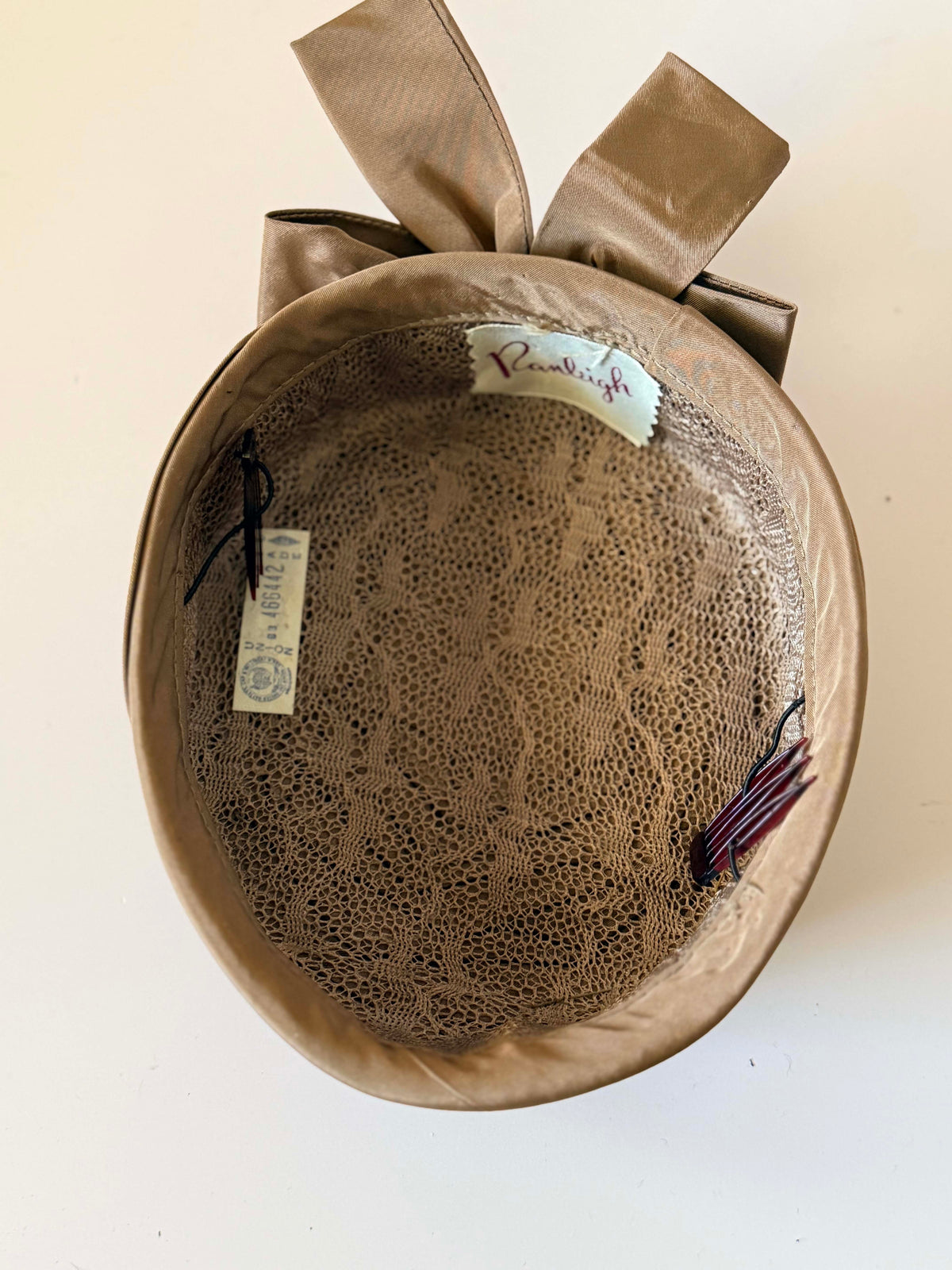 Vintage 1940s Remleigh Taupe Brown Satin Ribbon Tilt Hat Sculptural Woven Crown Bow Women's WWII Era Millinery