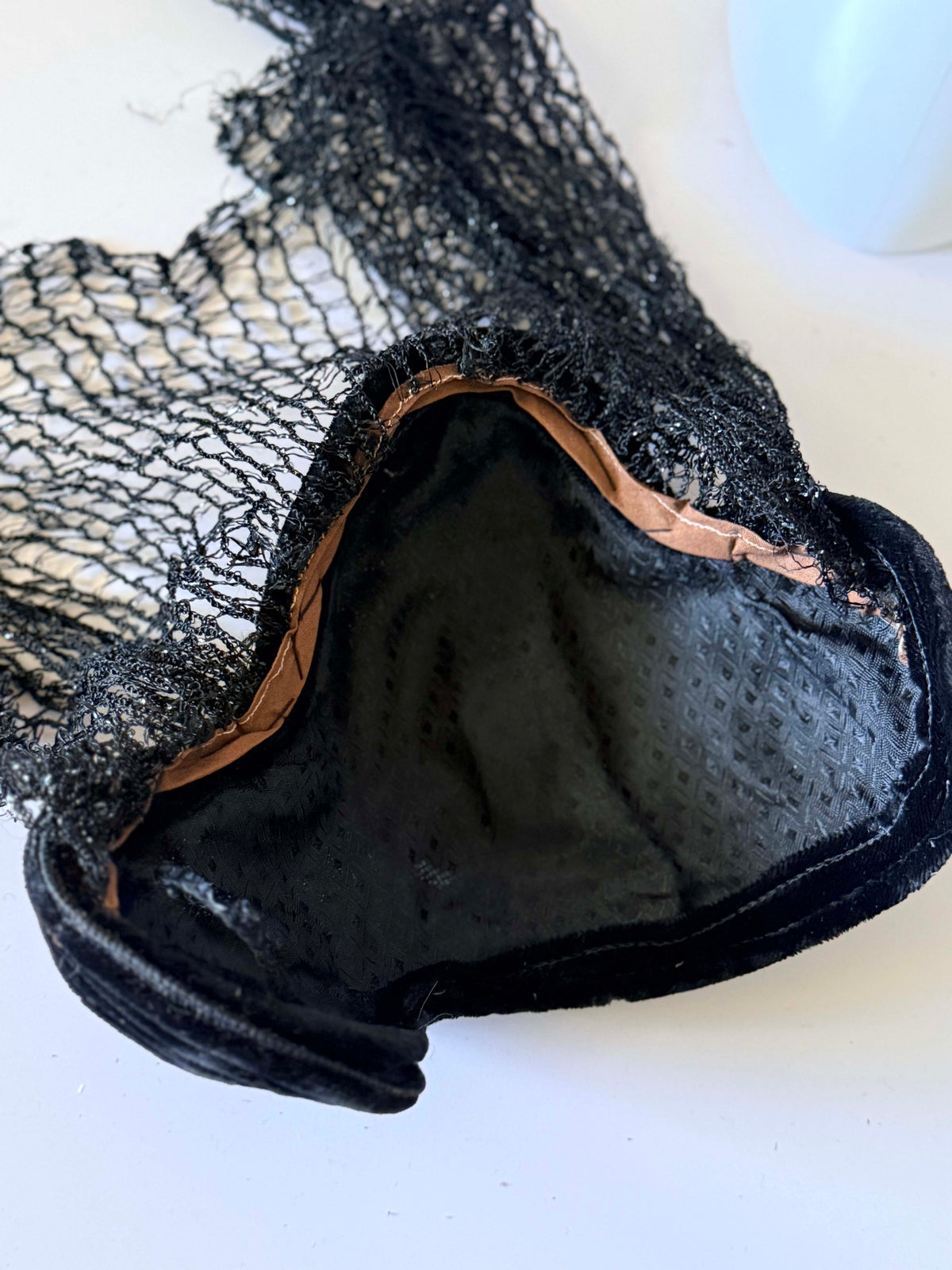 Antique 1930s Black Velvet Tilt Hat Side Sculpted Coil Black Lace Veil Women's Art Deco Evening Cocktail Millinery