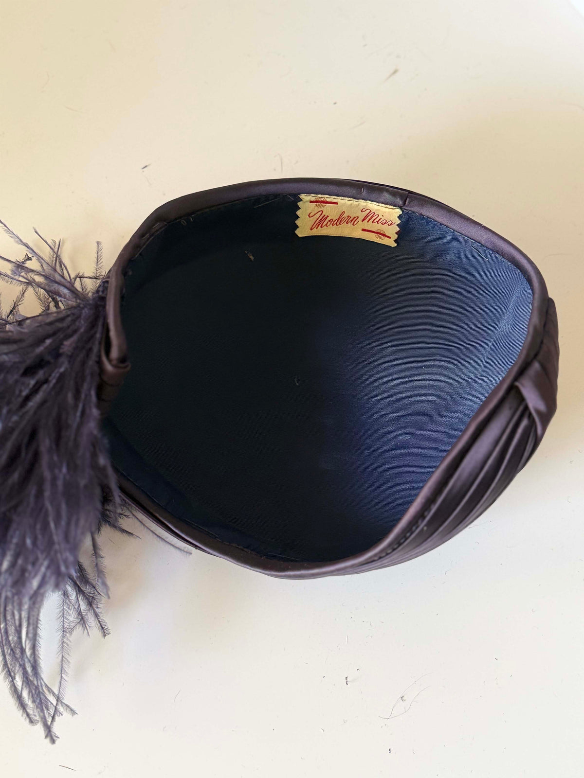 Vintage 1940s Modern Miss Dark Brown Satin Tilt Hat Ostrich Feather Plume Pleated Ribbon Women's Cocktail Millinery