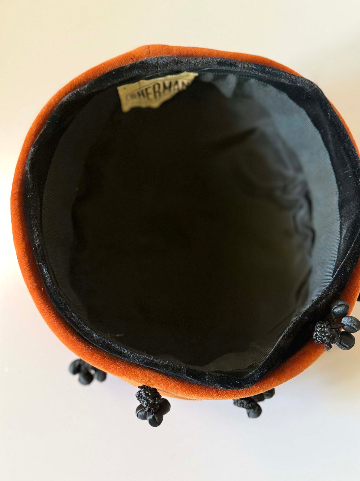 Vintage 1940s Burnt Orange Velvet Hat Black Passementerie Drop Trim Made in Germany Women's WWII Era Millinery