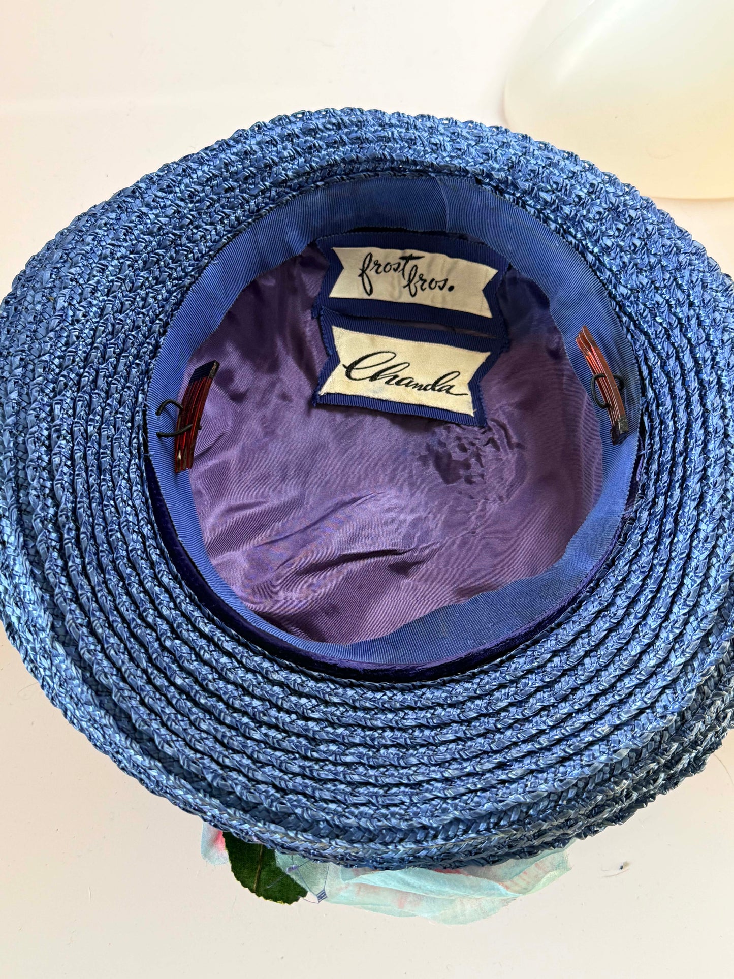 1950s Frost Bros. Chanda Blue Floral Straw Hat – Garden Party Statement Millinery
