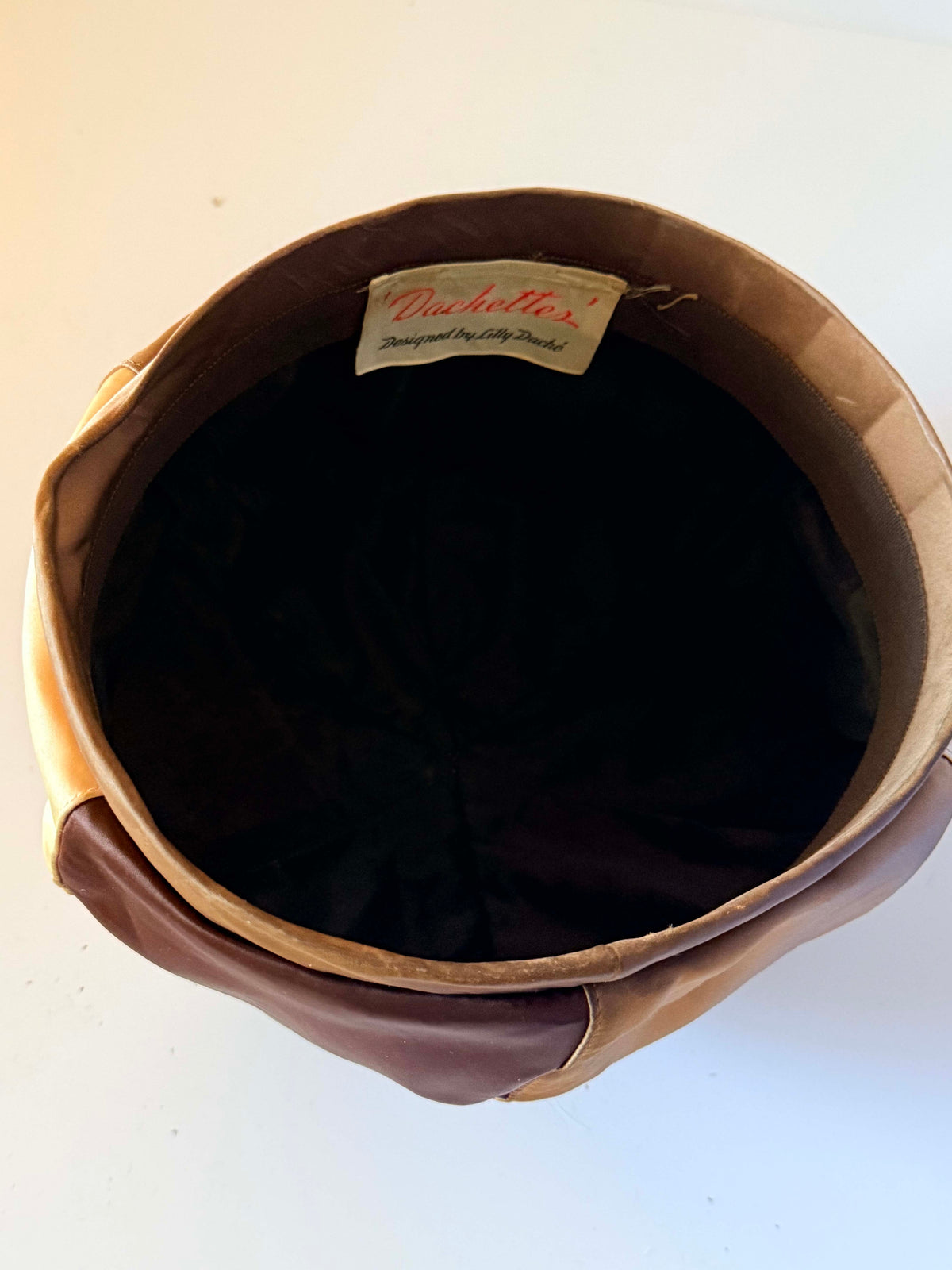 Vintage 1960s Dachettes by Lilly Dache Champagne Mocha Satin Panel Hat Women's Mod Designer Cocktail Hat Mid Century Millinery
