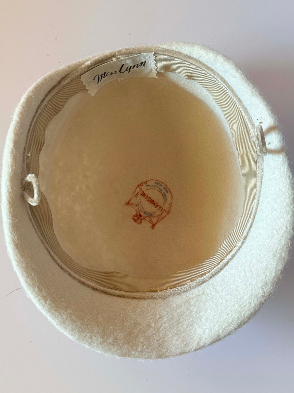 Vintage 1960s Miss Lynn Ivory Wool Felt Pillbox Hat Cream Sequin Gold Metallic Trim Women's Mid Century Cocktail Millinery