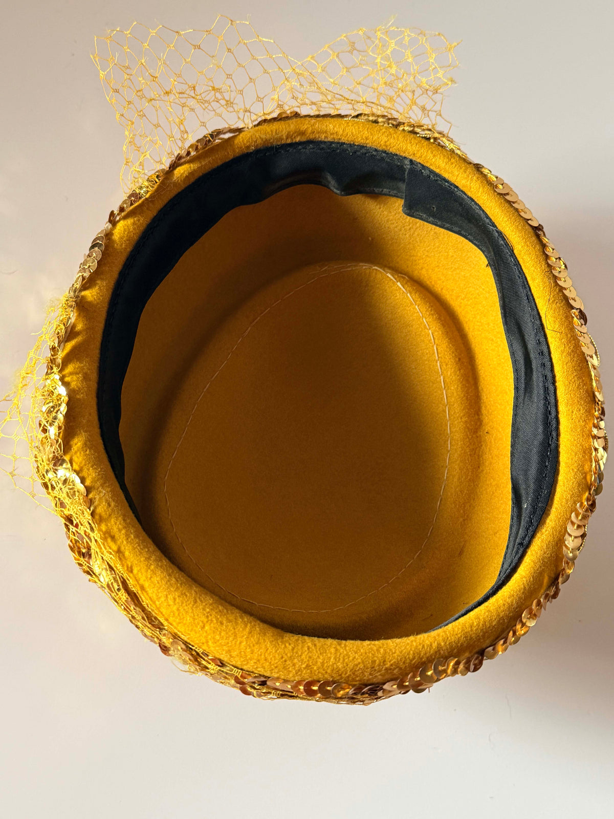 Vintage 1950s Gold Sequin Hat | Mustard Yellow Veiled Cocktail Hat | Mid Century Brimmed Hat