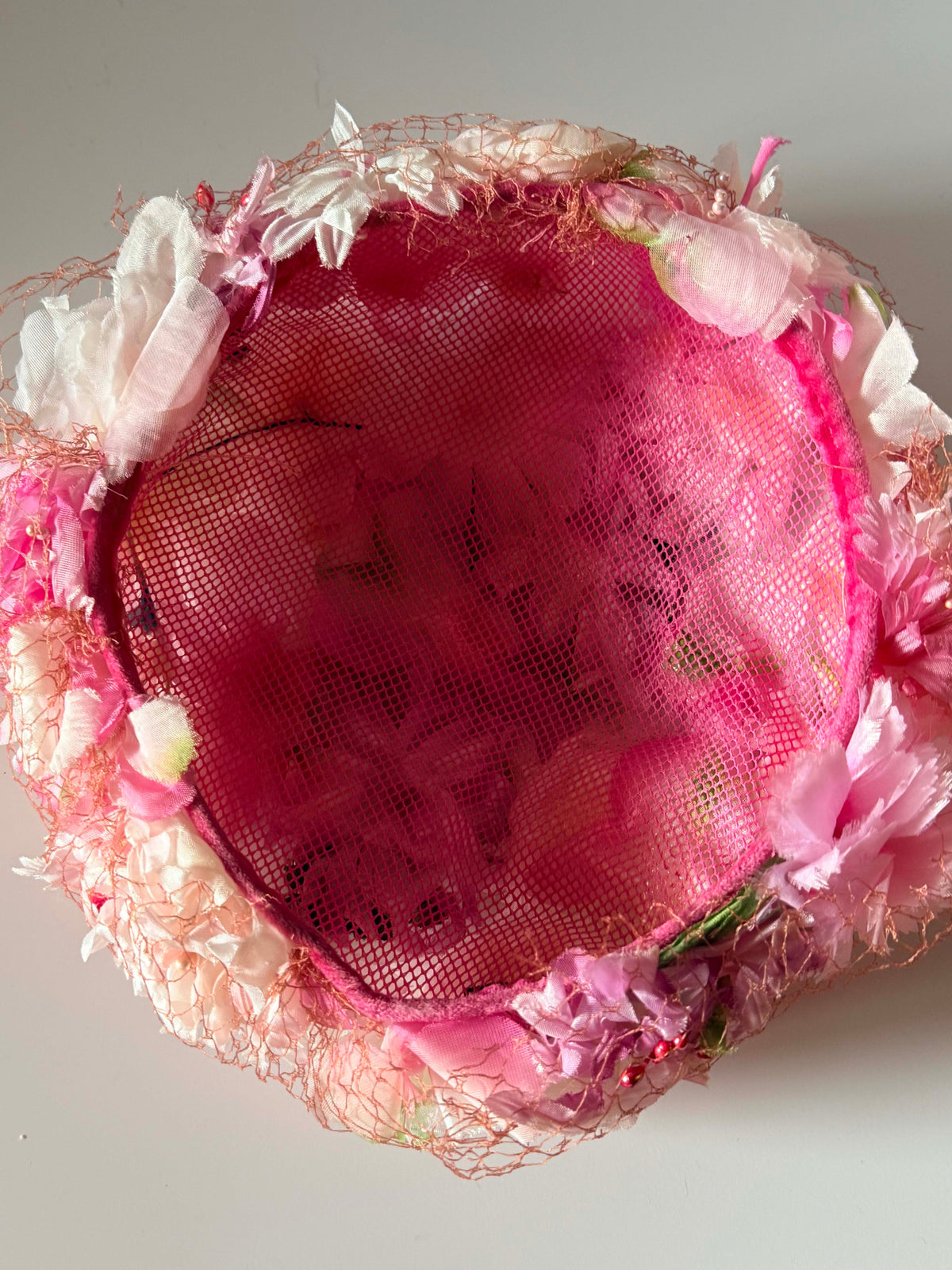 Vintage 1950s Pink Floral Hat | Veiled Flower Cocktail Hat | Pink Garden Party Vintage Hat