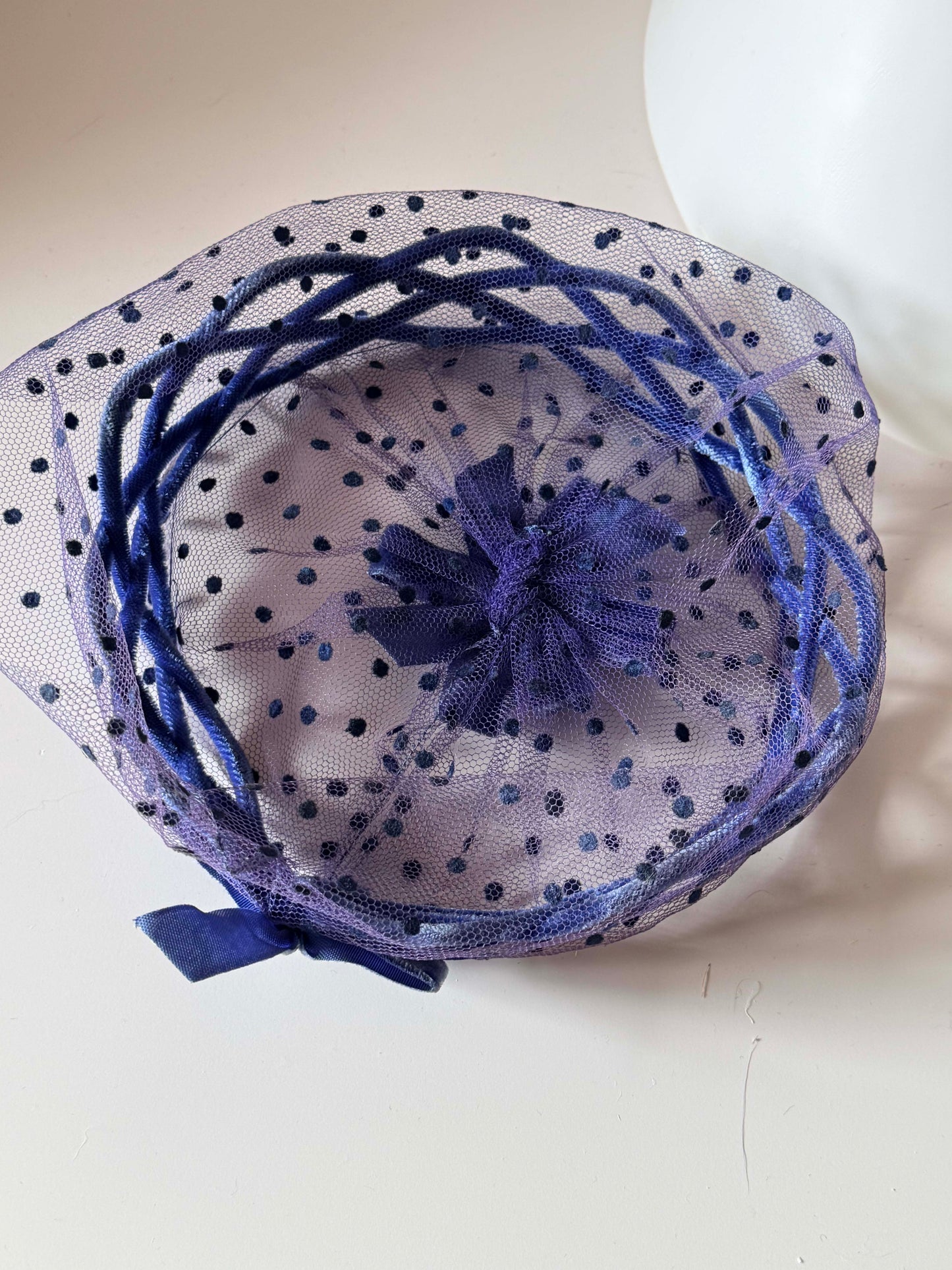 1950s Blue Velvet cake and & Polka Dot Veil Halo Hat – Elegant Mid-Century Cocktail Fascinator