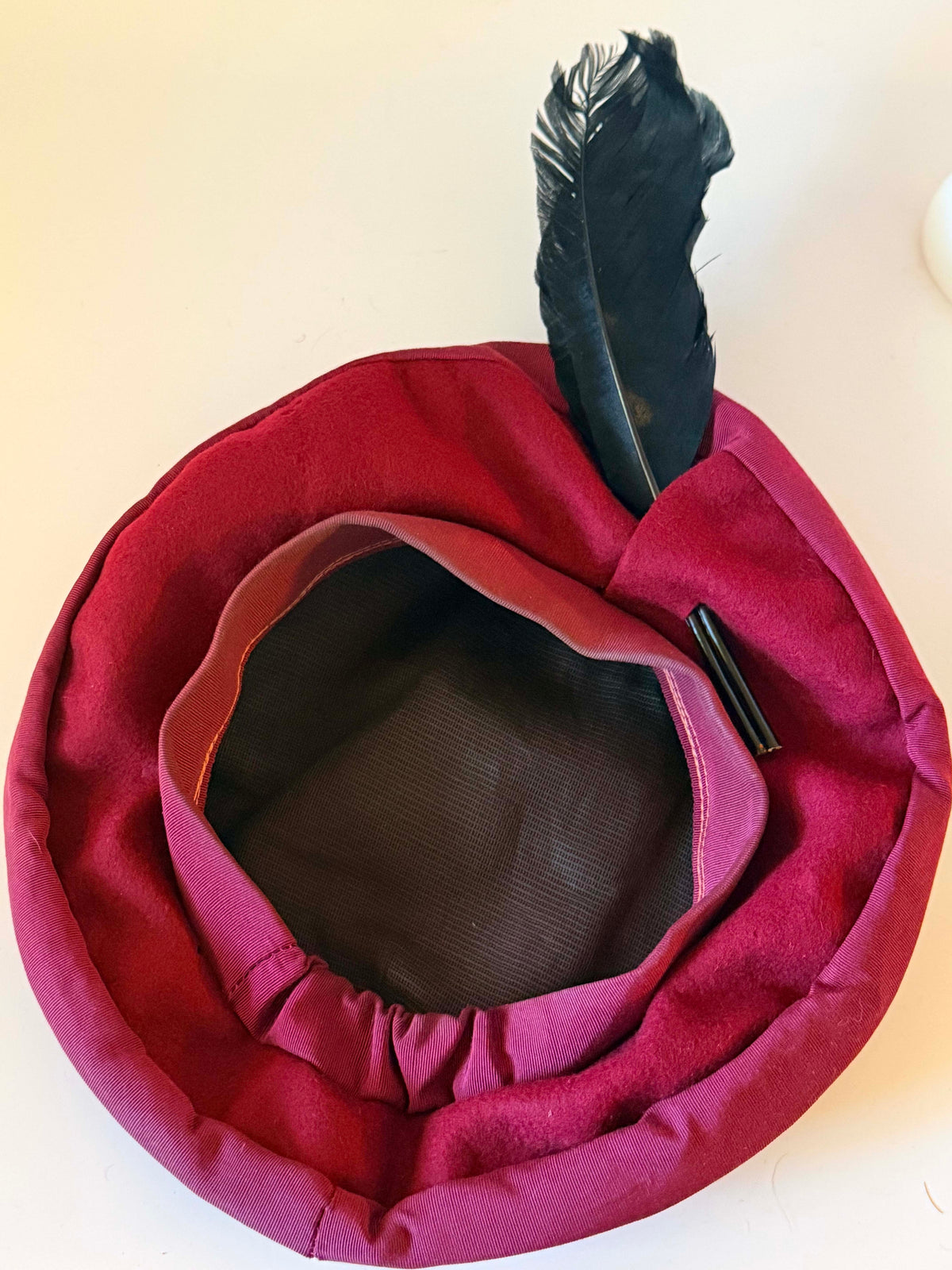 Vintage 1940s Burgundy Felt Tilt Hat | Black Feather WWII Era Hat | Sculptural Vintage Millinery