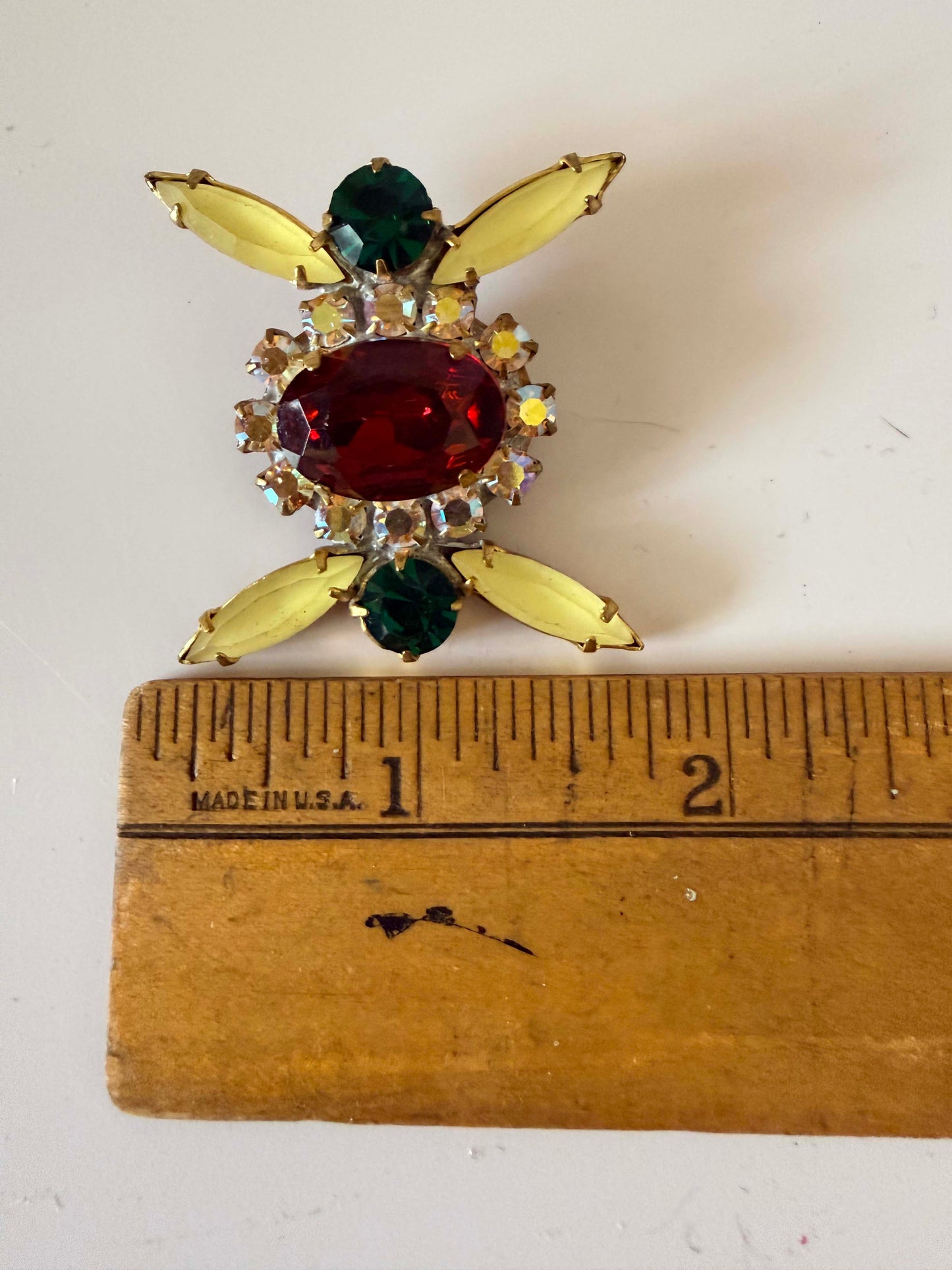 Vintage Rhinestone Statement Button Art Deco Jewel Button Red Green Crystal Gold Tone Sewing Embellishment