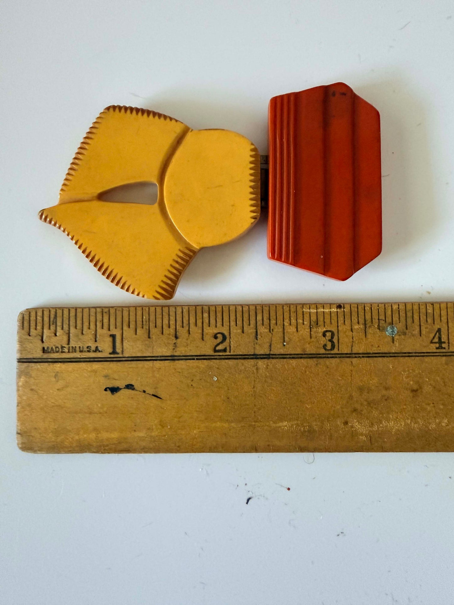 Vintage Art Deco Celluloid Belt Buckle – Asymmetrical Carved Butterscotch & Red Bakelite Style Buckle – 1930s Statement Piece