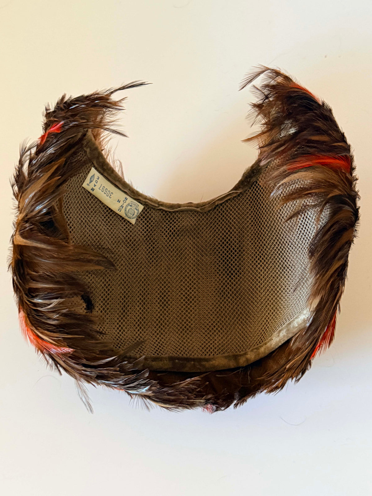 Vintage 1950s Feather Half Hat | Brown Pheasant Feather Cocktail Hat | Velvet Bow Mid Century Millinery