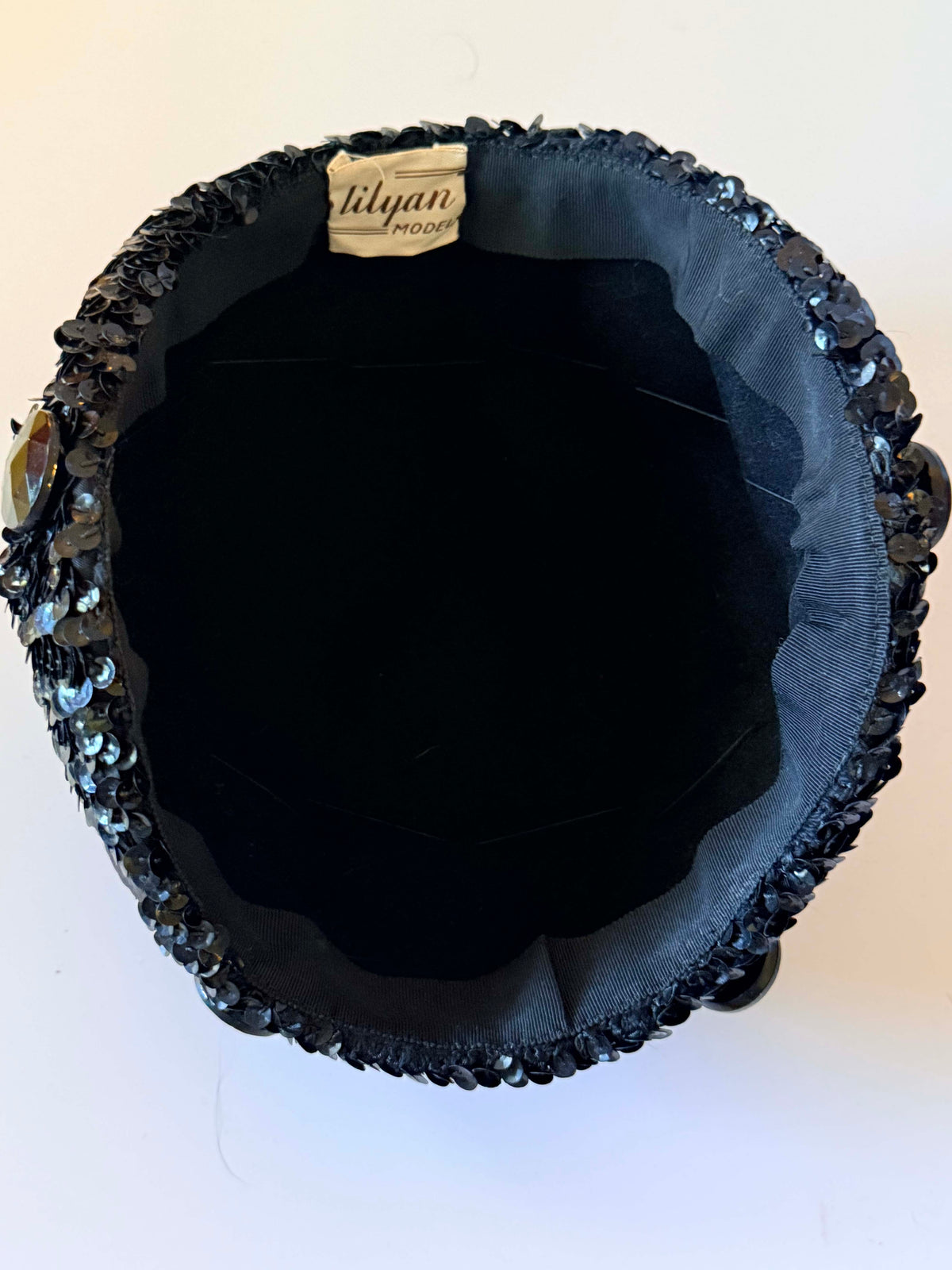 Vintage 1940s Lilyan Model Black Sequin Half Hat | Velvet Jeweled Cocktail Hat