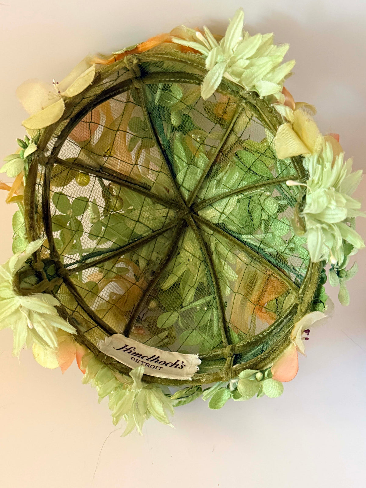Vintage 1940s 1950s Floral Hat | Himmelhoch’s Detroit Green Flower Toque | Garden Party Hat