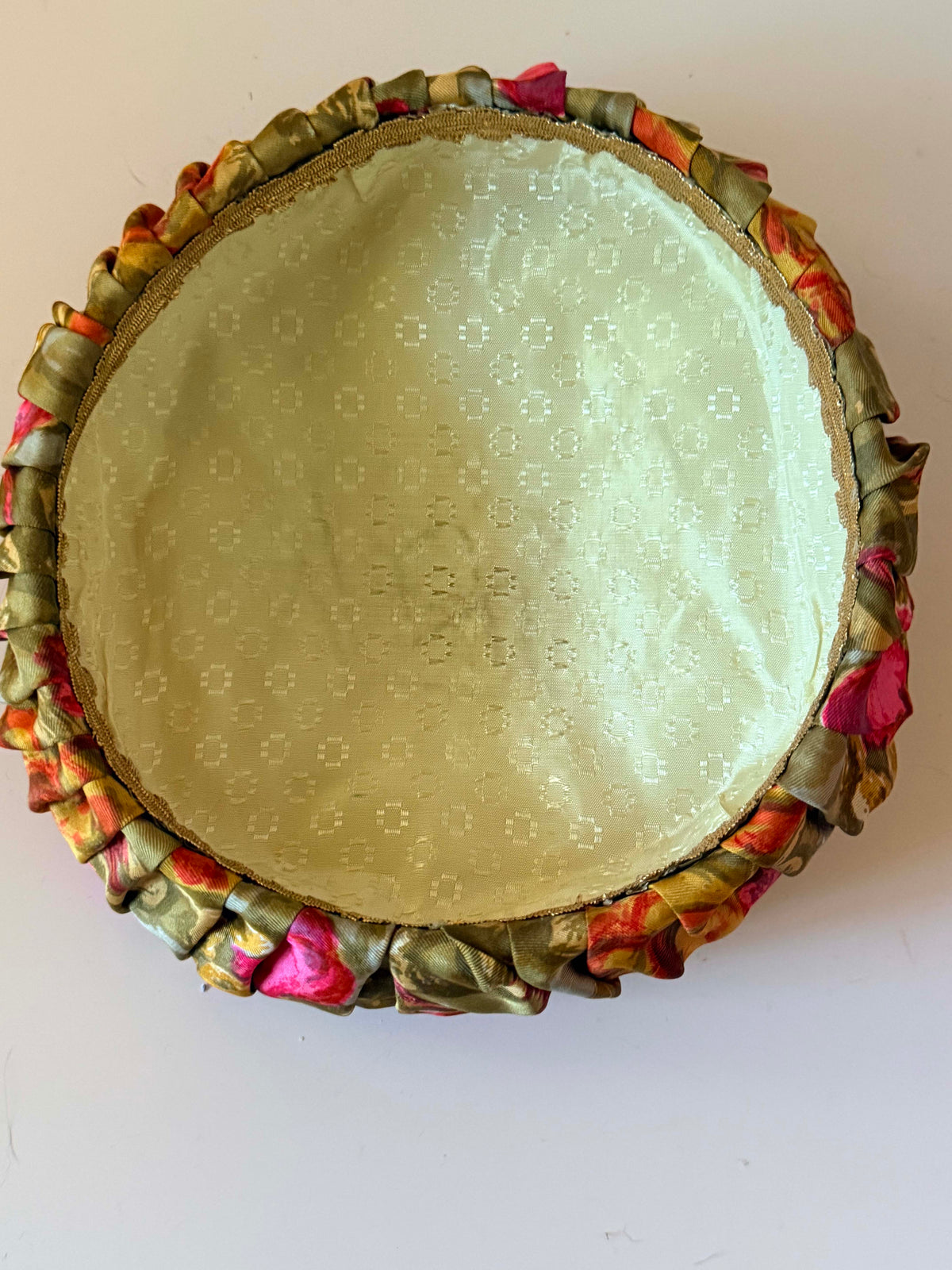 Vintage 1950s Floral Pillbox Hat | Green Leaf Cocktail Hat | Ruched Silk Rhinestone Mid Century Hat