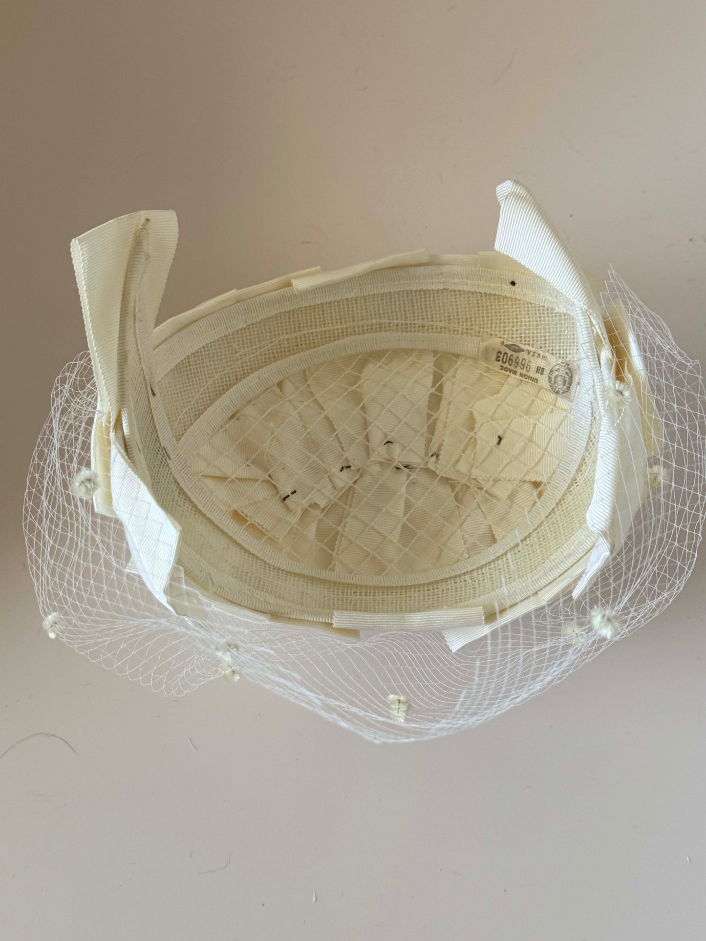 1950s Ivory Bow Pillbox Hat Net Veil Bridal Hat Union Made Vintage Wedding Headpiece Mid Century Fascinator