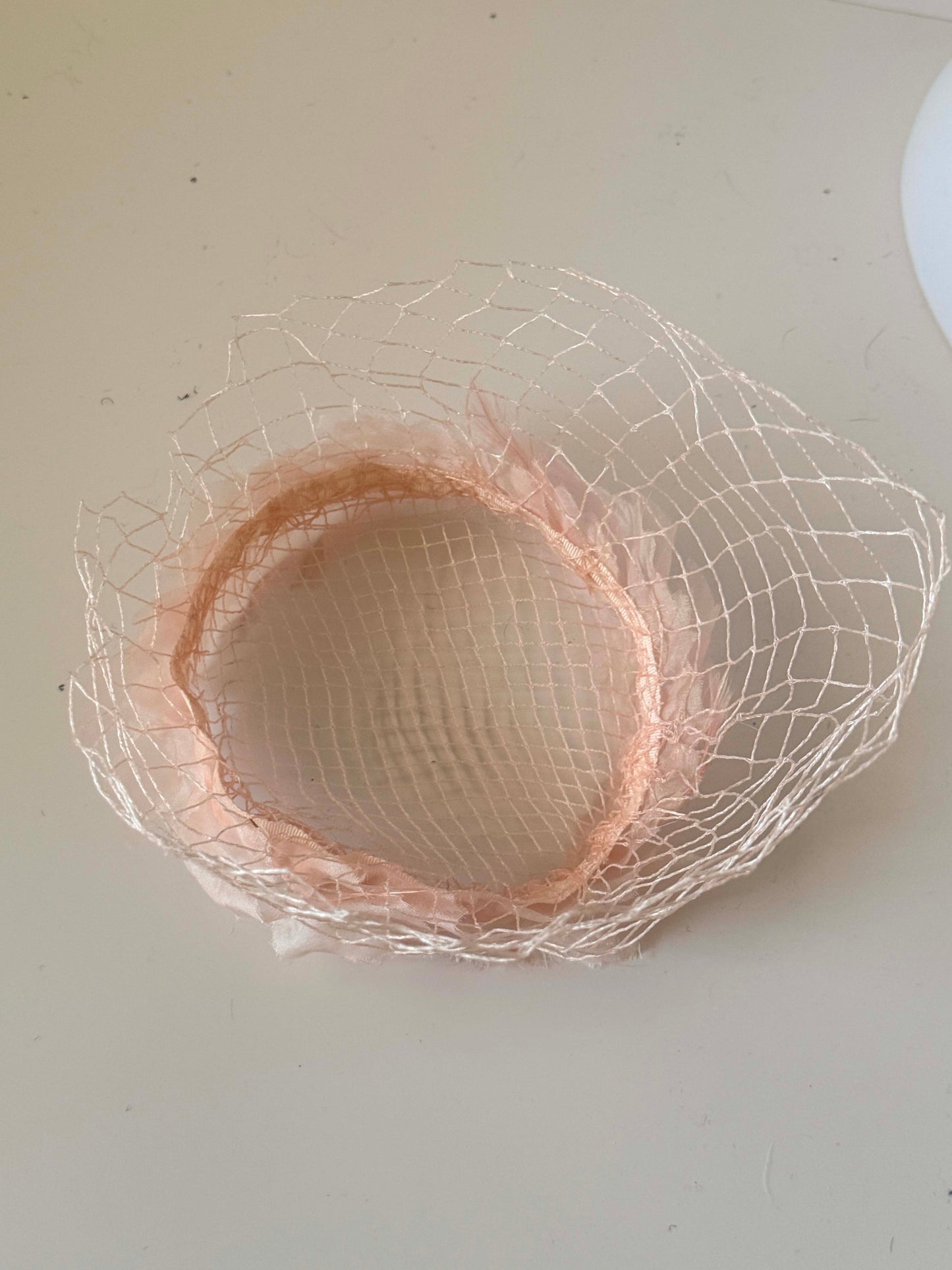 1950s Blush Pink Feather Veil Cocktail Hat Vintage Halo Fascinator Soft Netting Mid Century Bridal Headpiece