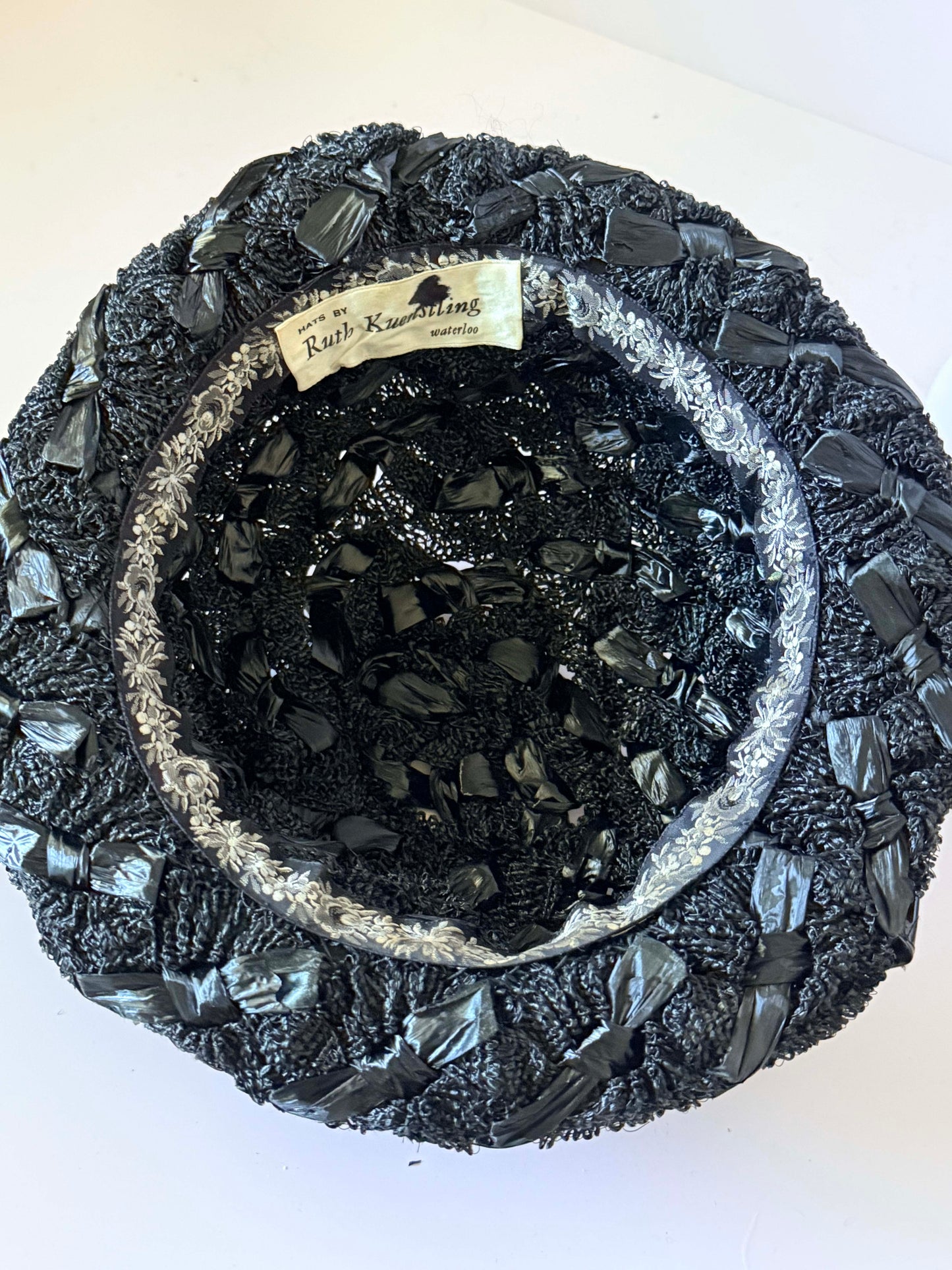 1950s Ruth Kuensting Waterloo Black Raffia Straw Hat Patent Bow Belt Detail Mid Century Cocktail Hat Vintage Designer Evening Hat