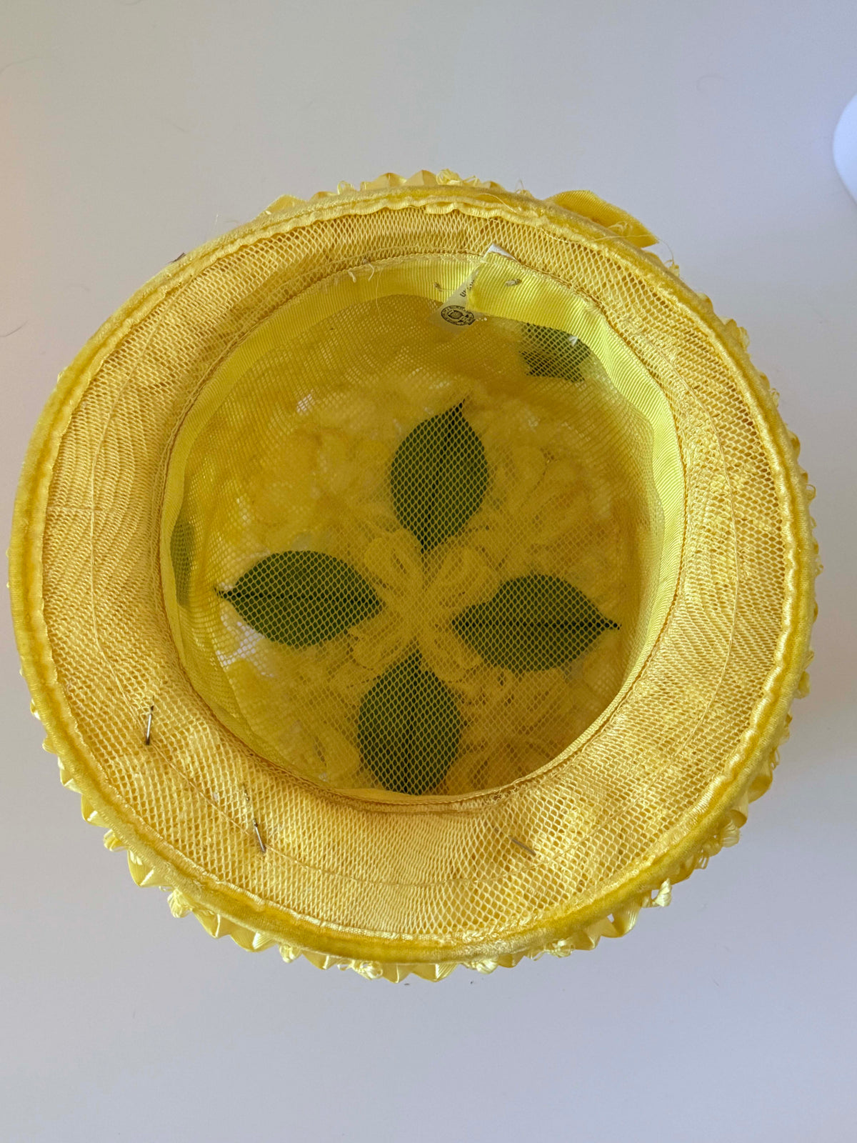 Vintage 1960s Yellow Floral Hat | Velvet Raffia Brim Flower Petal Garden Party Hat