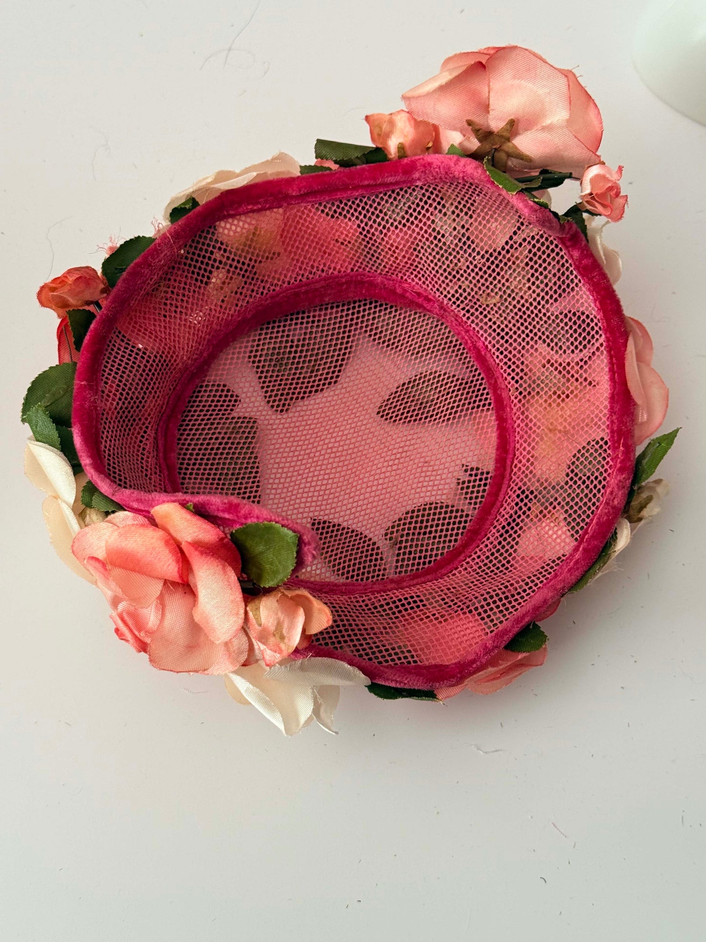 1950s Pink Floral Cocktail Hat Rose Trim Mid Century Half Hat Garden Party Vintage Headpiece Romantic Millinery