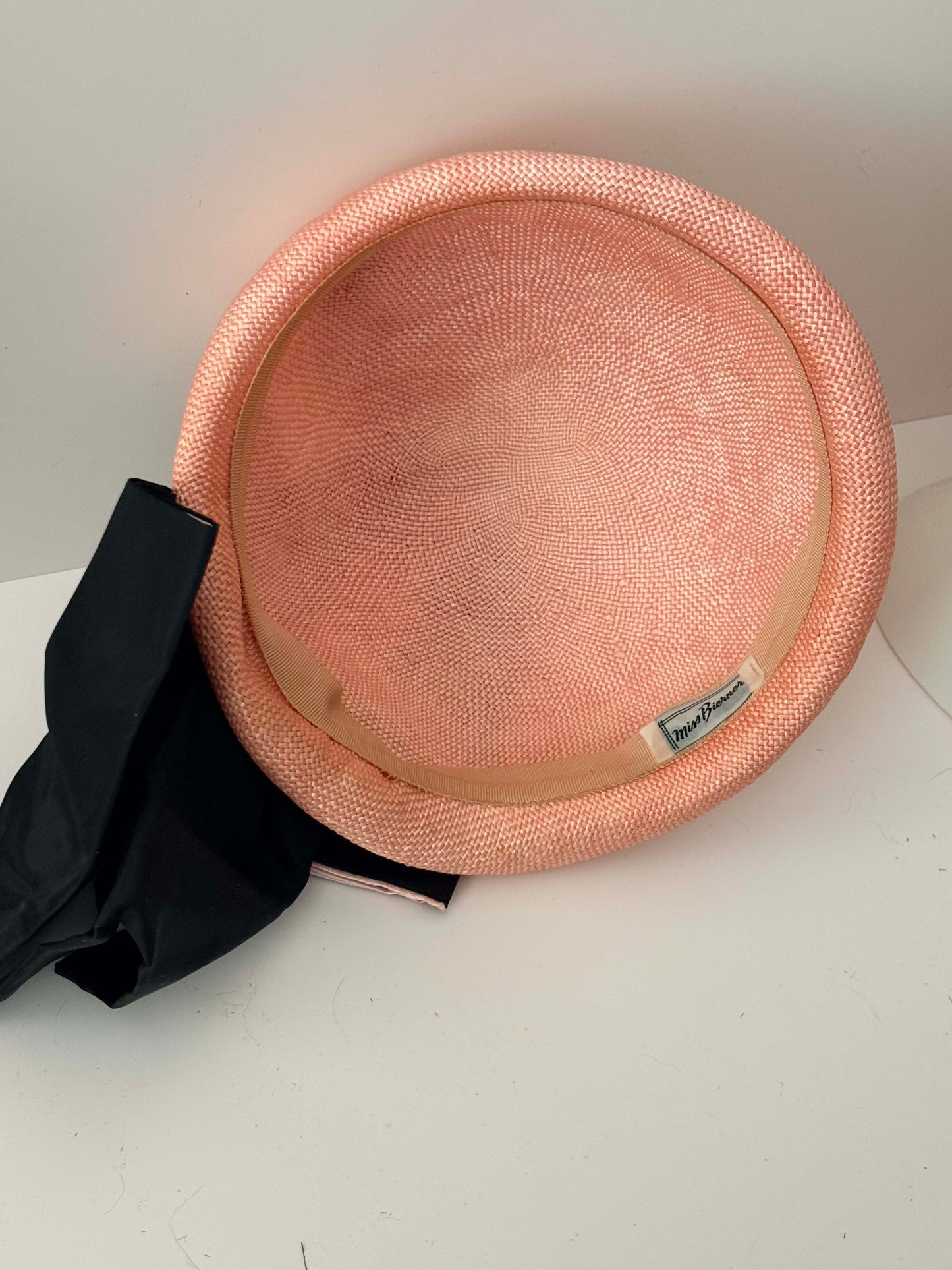 1950s Miss Bierner Blush Pink Straw Hat Vintage Half Hat Draped Black Bow Rhinestone Pearl Brooch Cocktail Headpiece Elegant Statement Hat