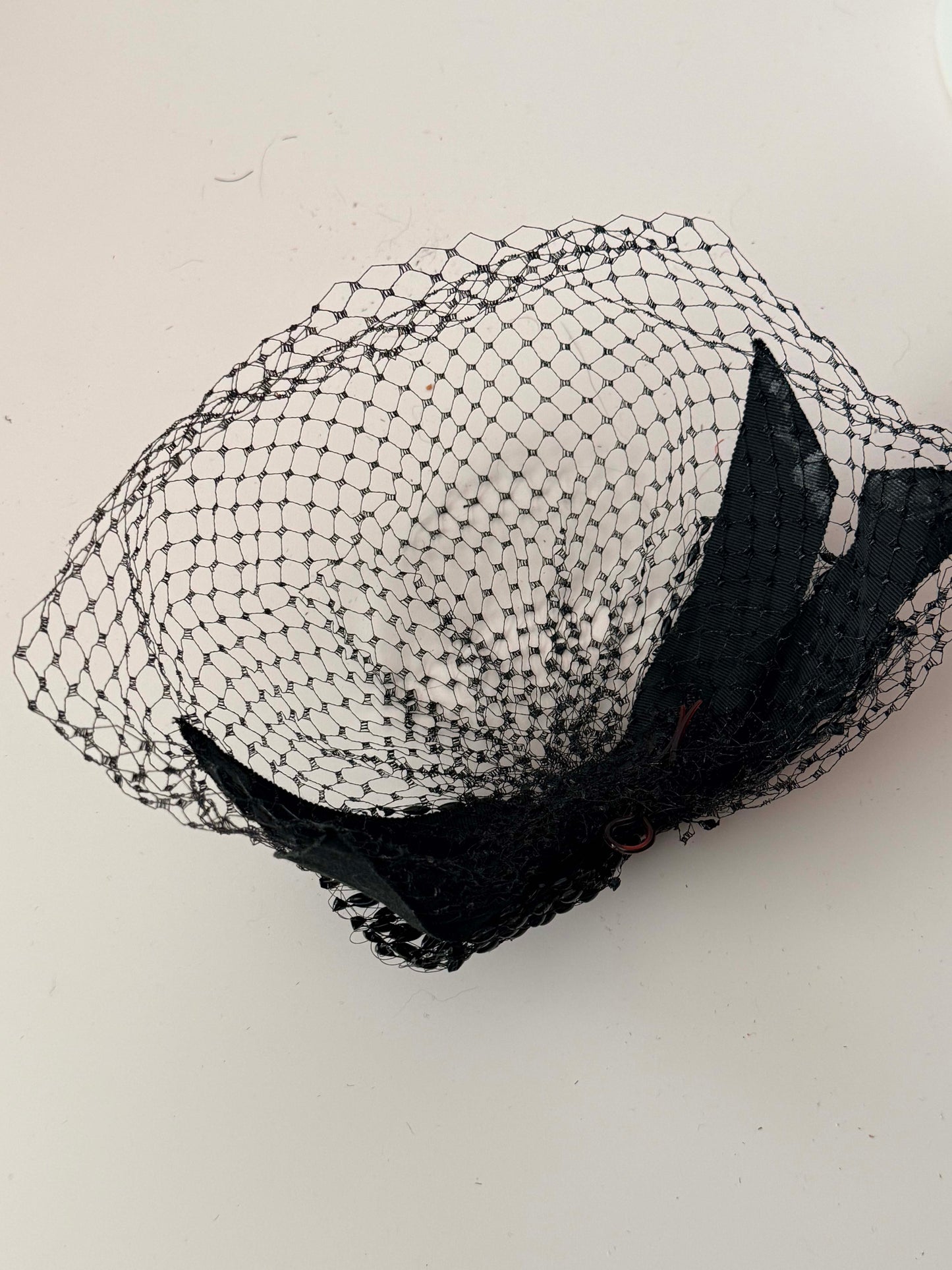 1940s Black Veil Fascinator Vintage Net Hat - Pillbox Topper Veil Headpiece Sculptural Bow Accent Classic Mourning Veil Hat