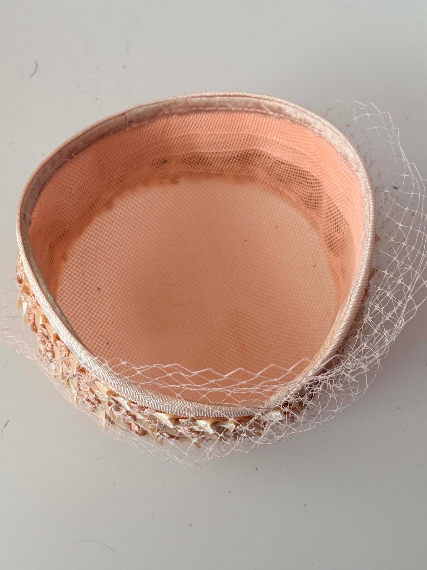 1950s Blush Pink Veiled Cocktail Hat Ribbon Trim Mid Century Half Hat Vintage Bridal Pillbox Soft Netting Headpiece
