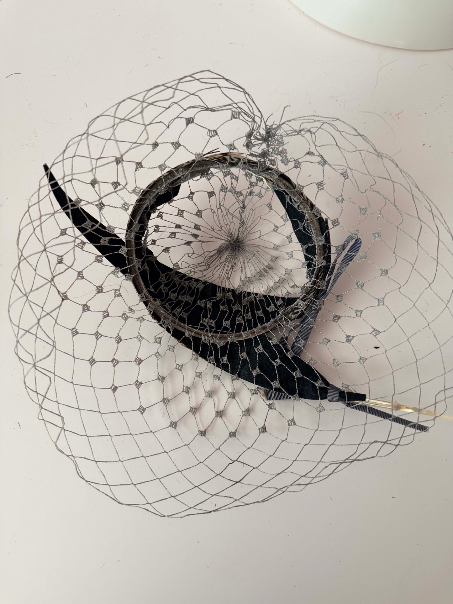 1950s Feather Fascinator Birdcage Veil Hat Black Brown Feather Cocktail Headpiece Mid Century Glam