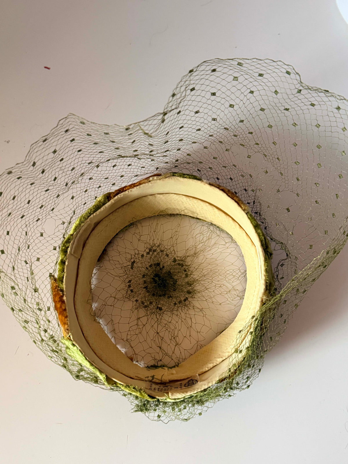 Vintage 1950s Veiled Halo Hat Olive Green Gold Brown Velvet Leaves Birdcage Veil Mid Century Millinery