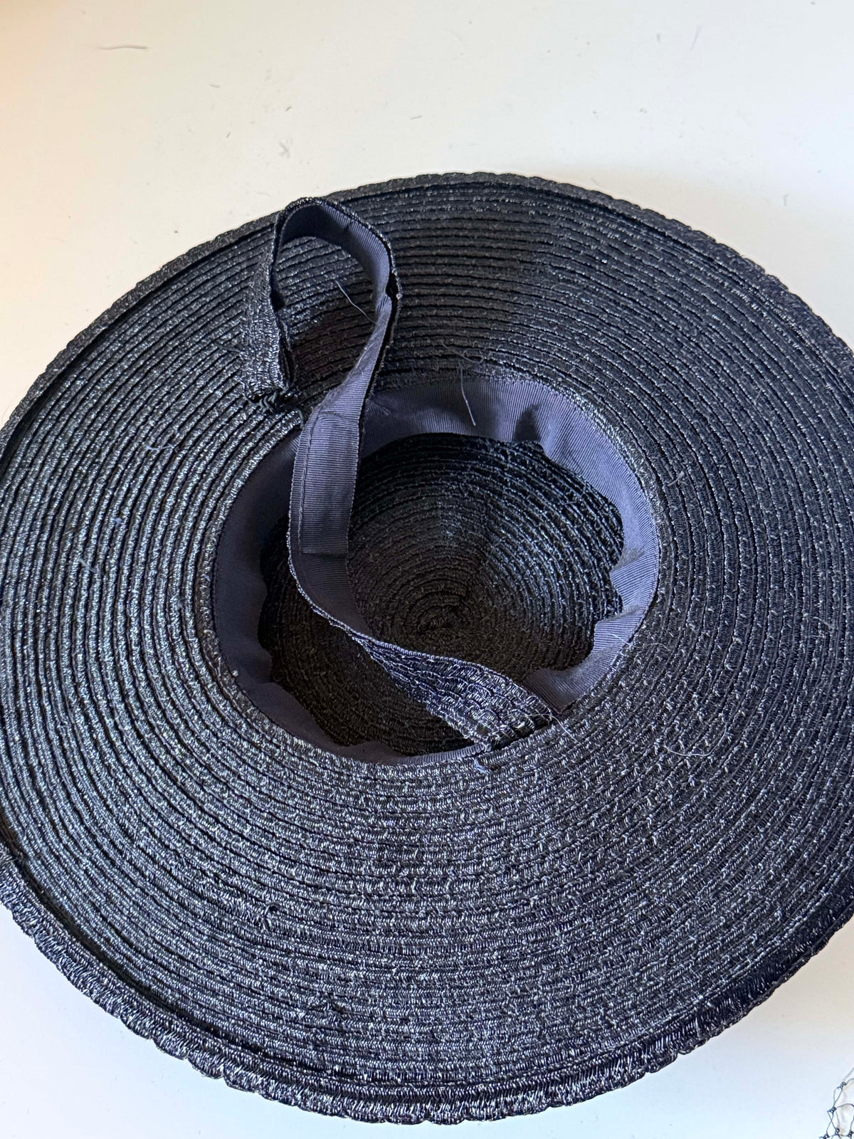Vintage 1950s Black Straw Wide Brim Boater Hat Grosgrain Ribbon Bow Mid Century Women's Summer Picture Hat