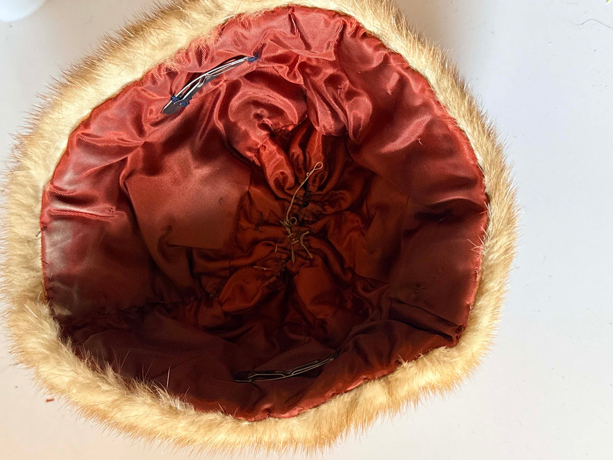 Vintage 1950s Honey Brown Mink Fur Hat | Feather Trimmed Pillbox Toque | Brown Veiling | Elegant Mid Century Winter Millinery