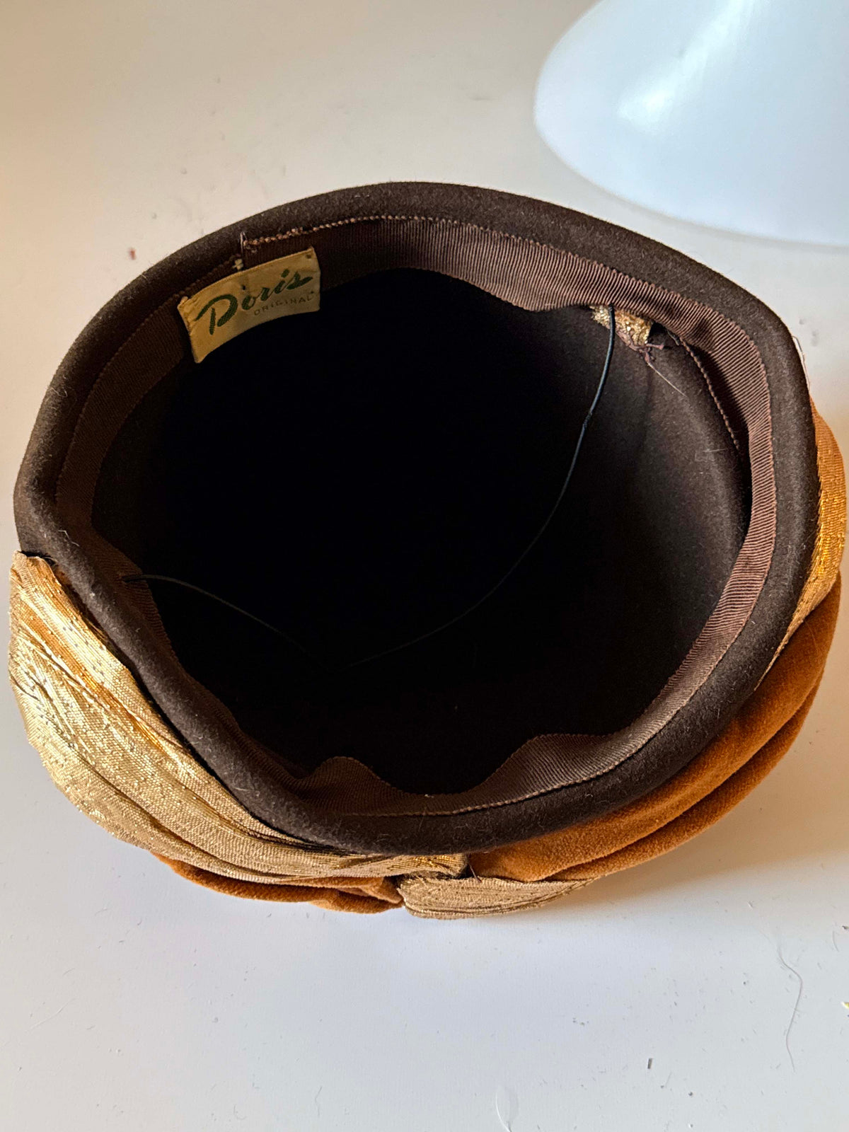 Vintage 1960s Brown Pillbox Hat | Paris Original Gold Lame Velvet Turban Trim | Mod Mid Century Designer Millinery