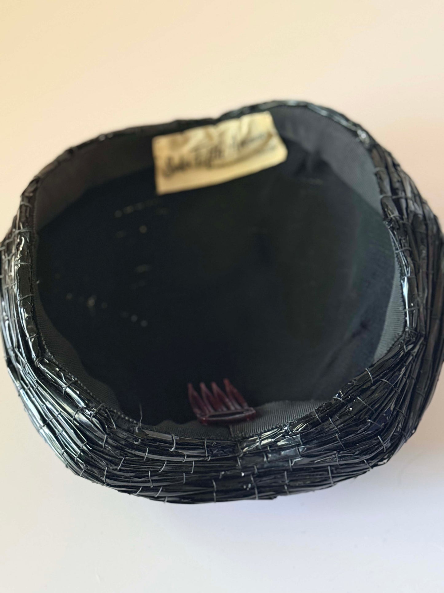 1950s Saks Fifth Avenue Black Woven Raffia Hat | Sculptural Avant Garde Cocktail Hat | Architectural Mid Century Millinery