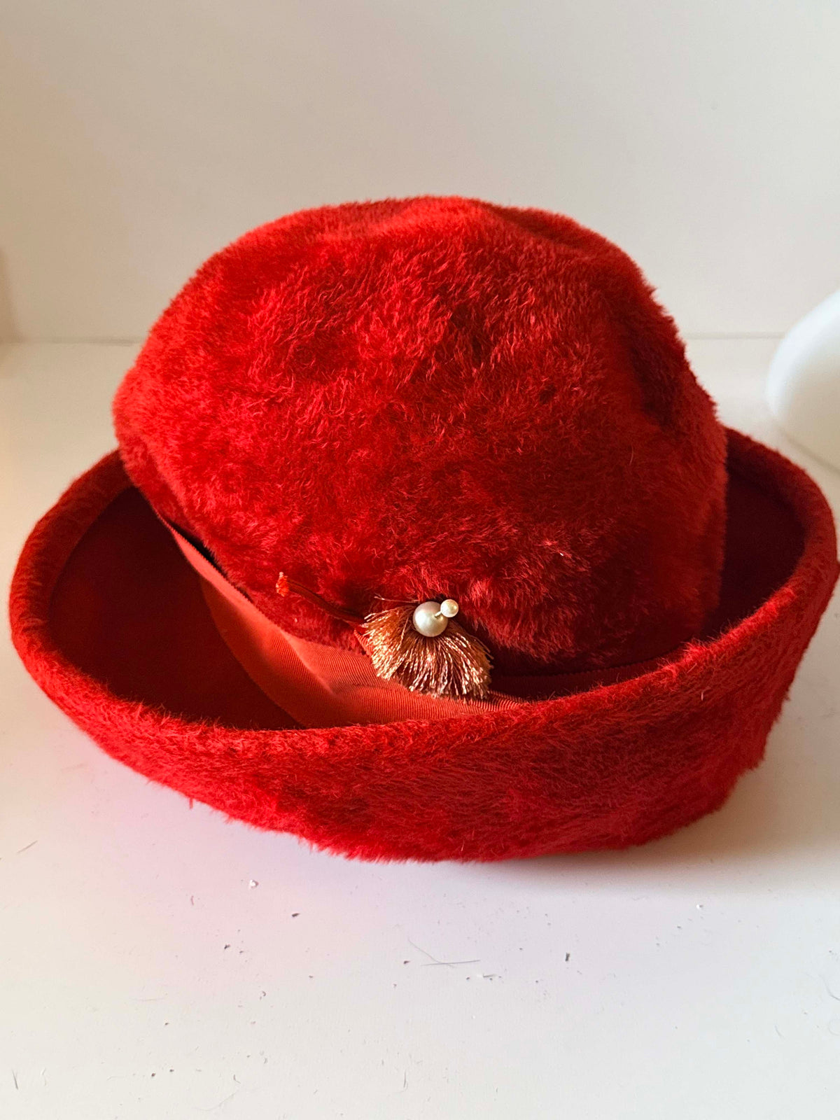 Vintage 1960s Red Plush Hat | Mod Brimmed Cloche Style | Pearl & Gold Tassel Accent | Retro Winter Fashion