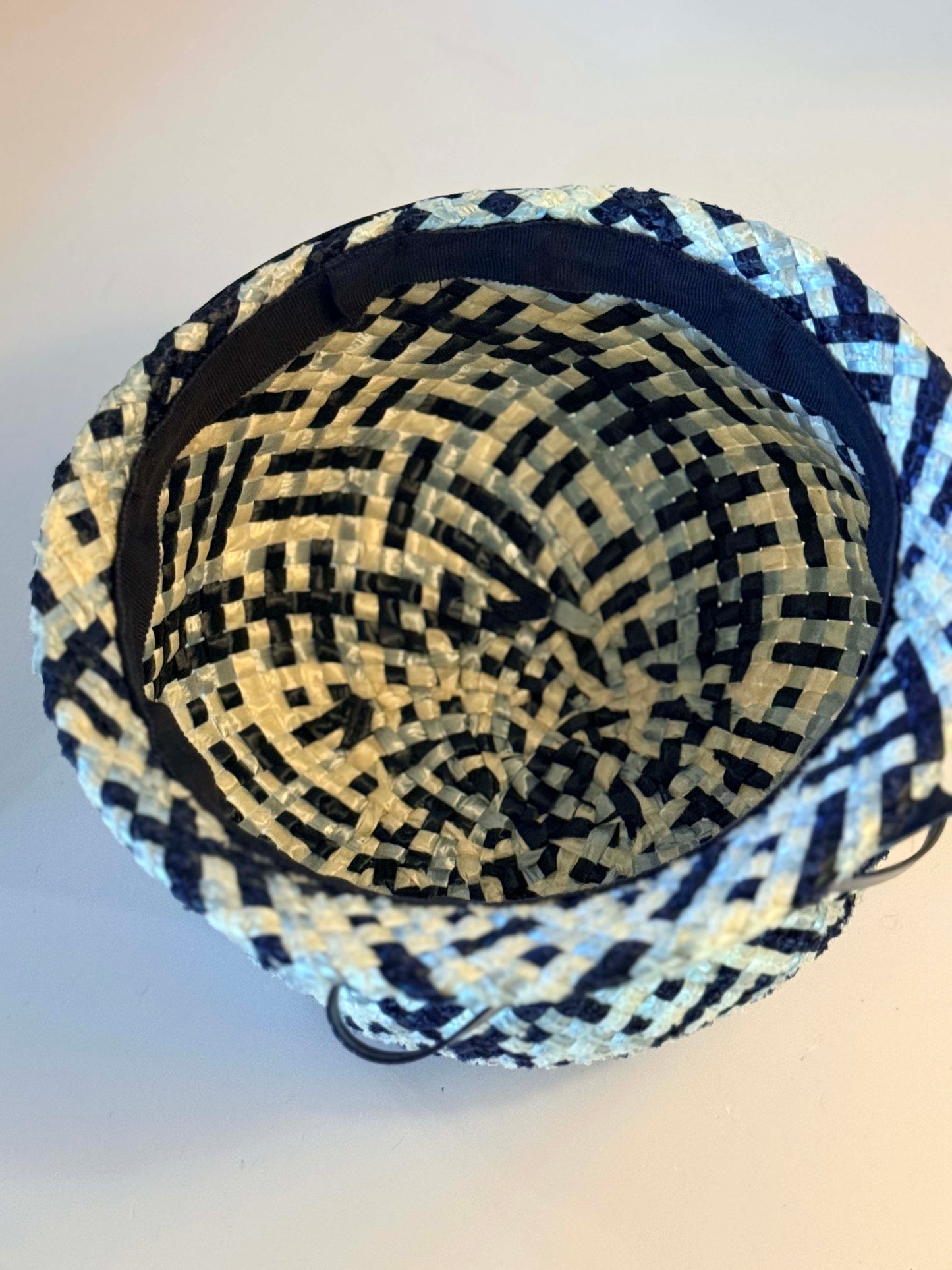 Vintage Navy Blue and White Woven Raffia Pillbox Hat | 1960s Mod Straw Fascinator | Mid Century Cocktail Hat