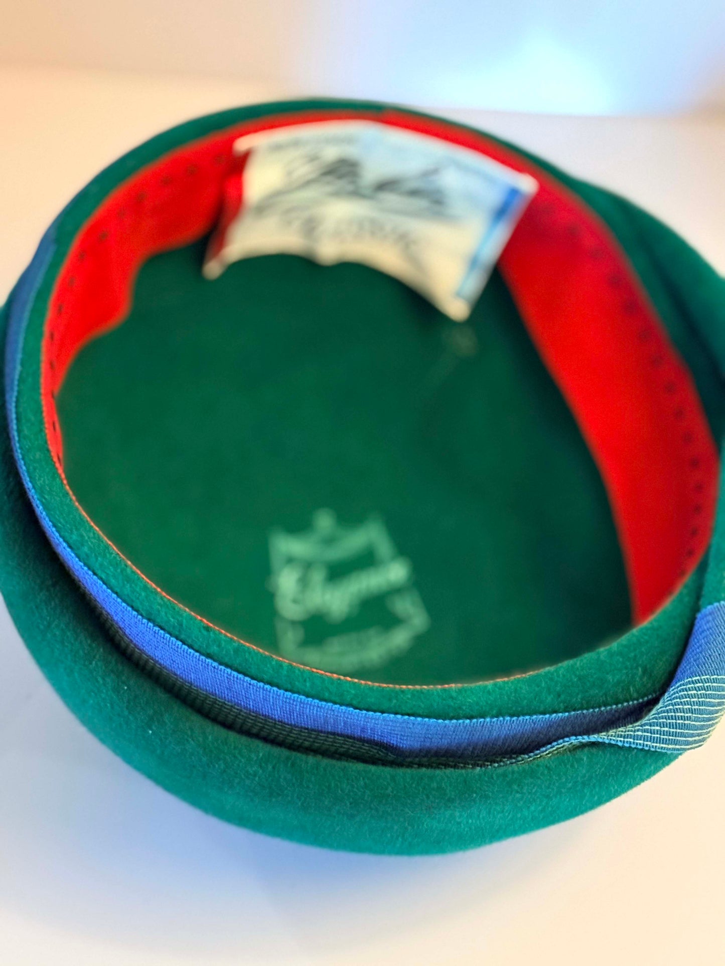Vintage Mr John Emerald Green Velour Pillbox Bubble Hat | 1960s Couture Mod Cocktail Hat | Blue Ribbon Sculptural Millinery
