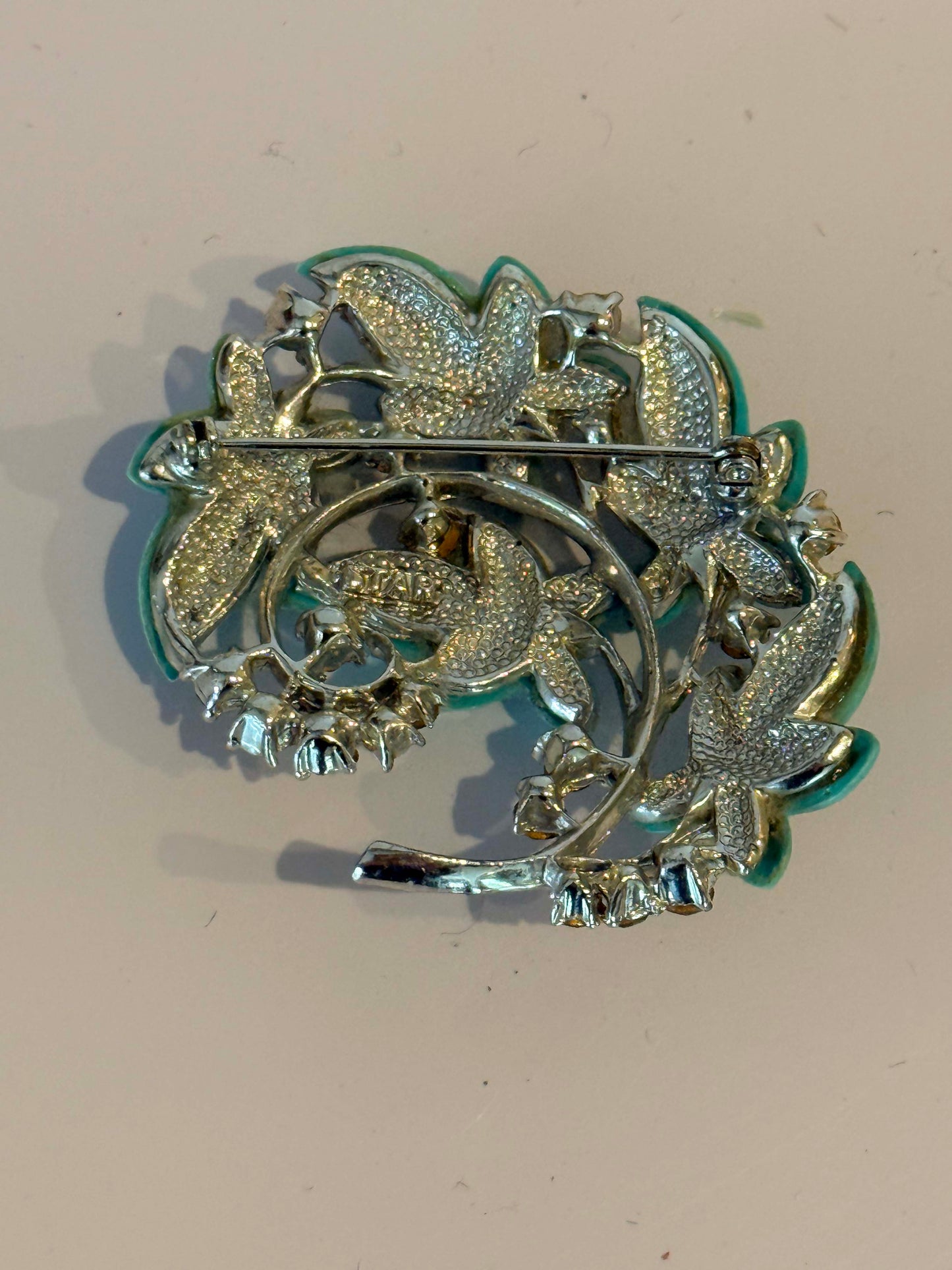 Vintage Turquoise Blue Floral Rhinestone Brooch | Mid Century Flower Spray Pin | Retro Statement Jewelry