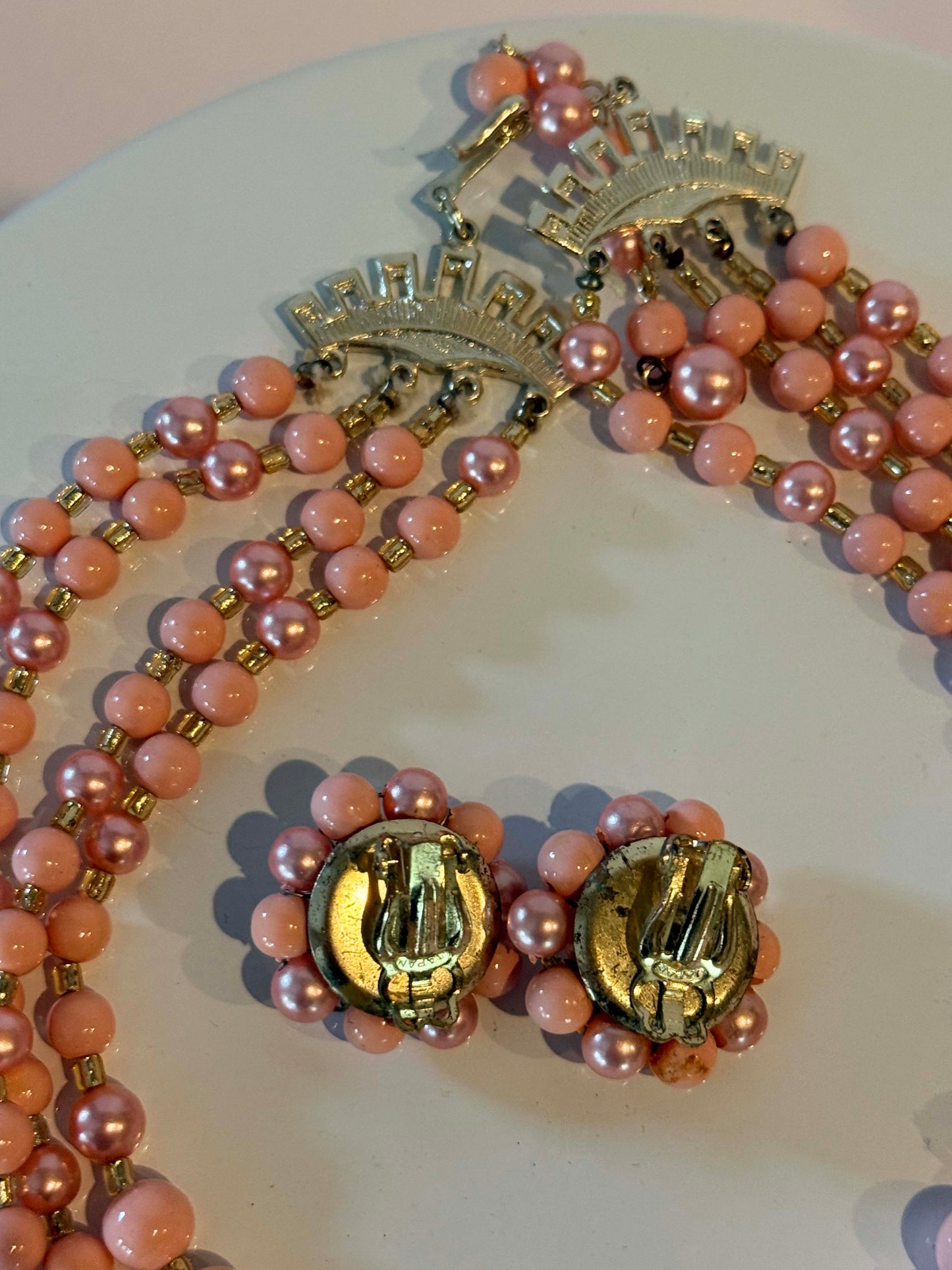 Vintage Pink Multi Strand Beaded Necklace Set, Pink Pearl Necklace and Earrings, 1950s Statement Jewelry, Mid Century Costume Jewelry Set